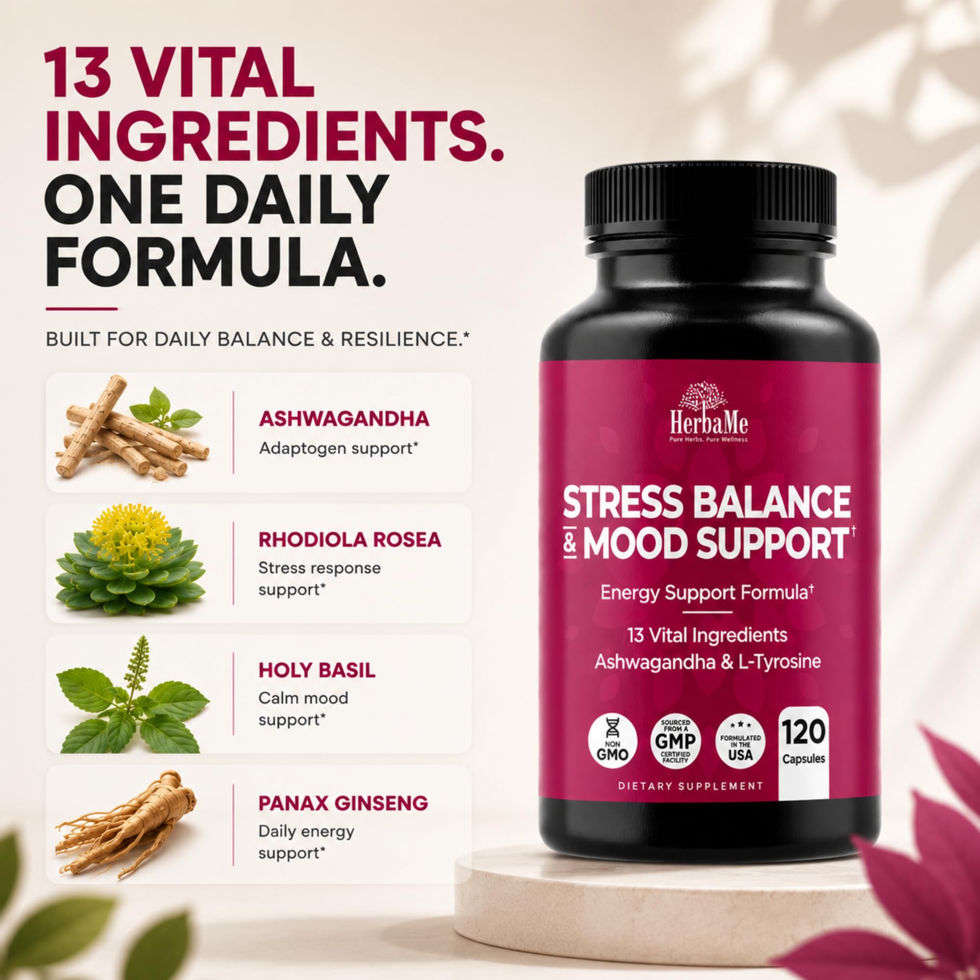 HerbaMe Ashwagandha Capsules showing the label and dosage information