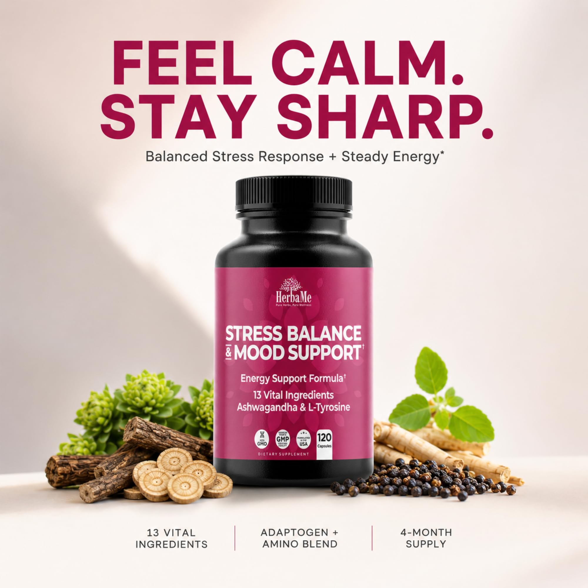 HerbaMe Ashwagandha Capsules side view showing easy-to-swallow capsules