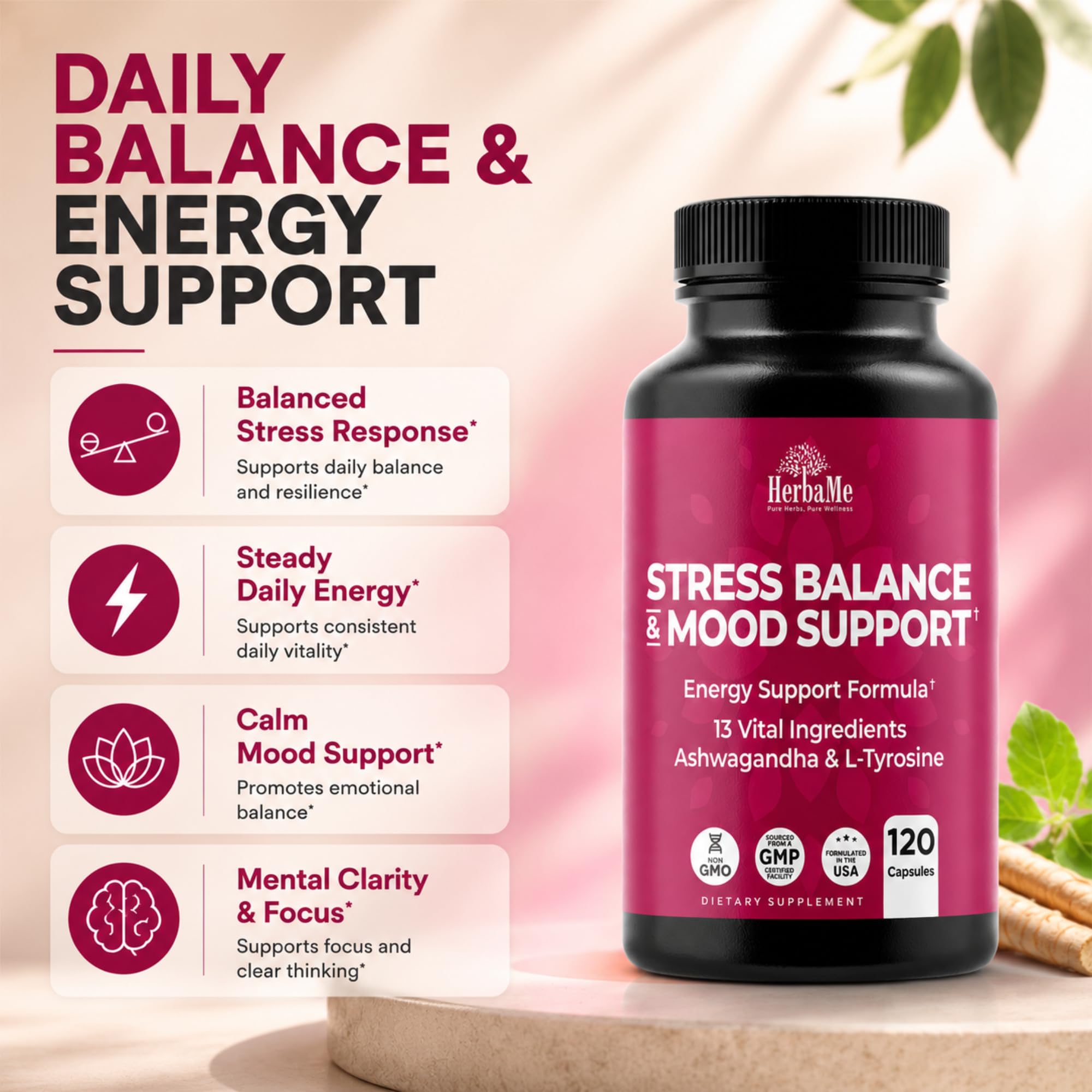 HerbaMe Ashwagandha Capsules with ingredients list on the back