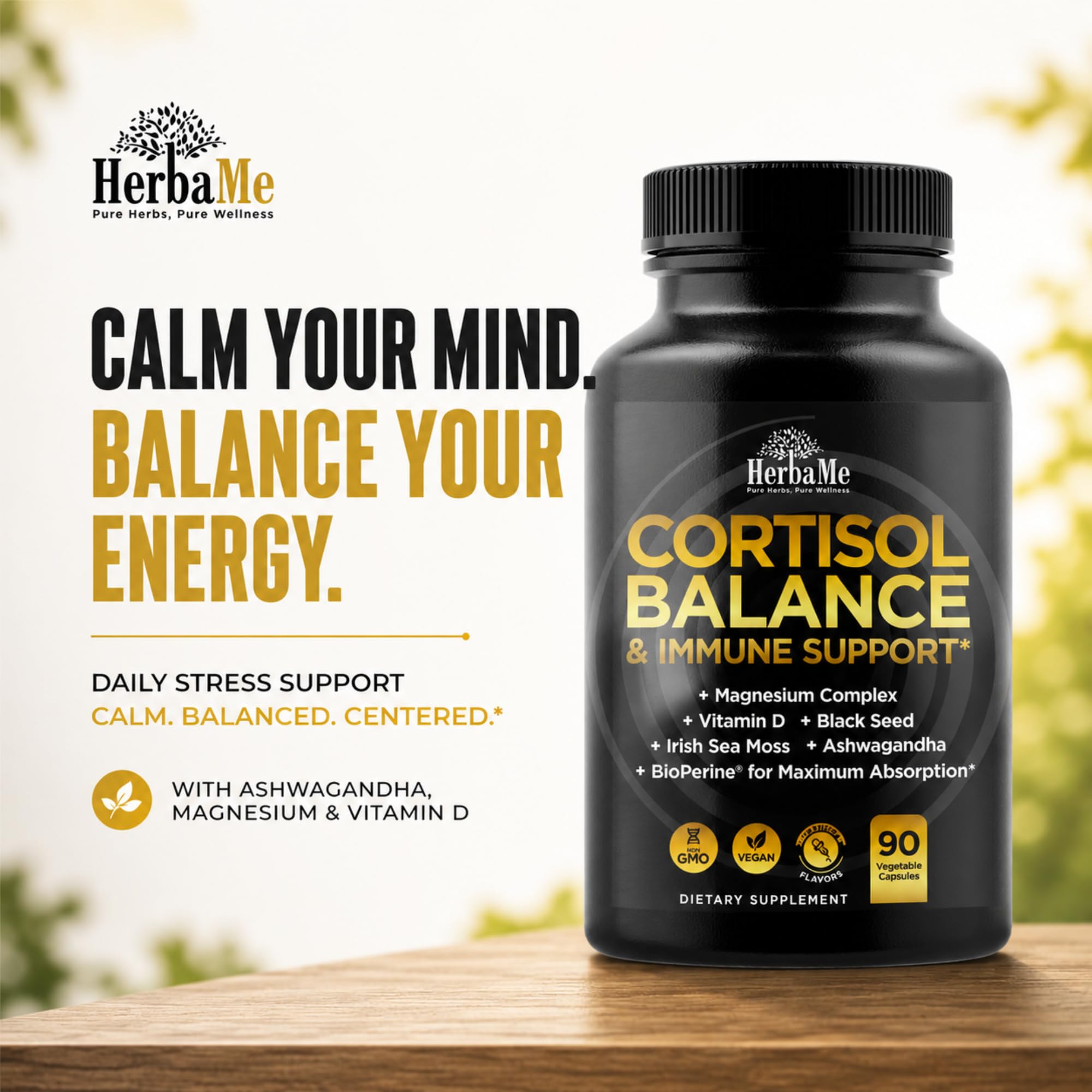 HerbaMe Ashwagandha supplement bottle side view