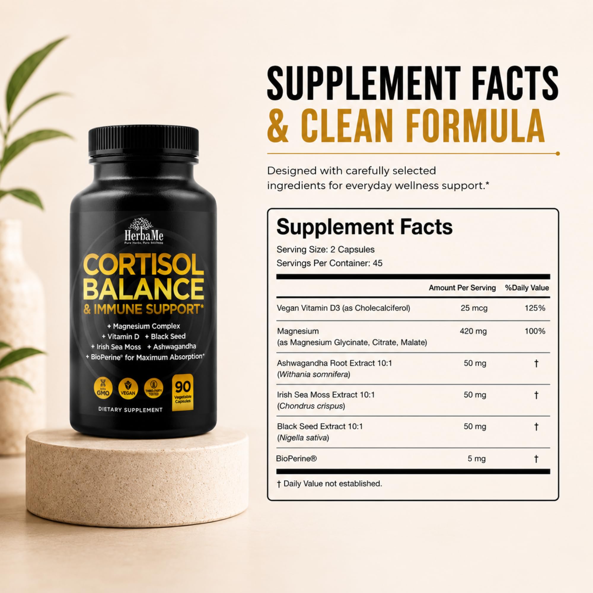 HerbaMe Ashwagandha supplement with a plant background