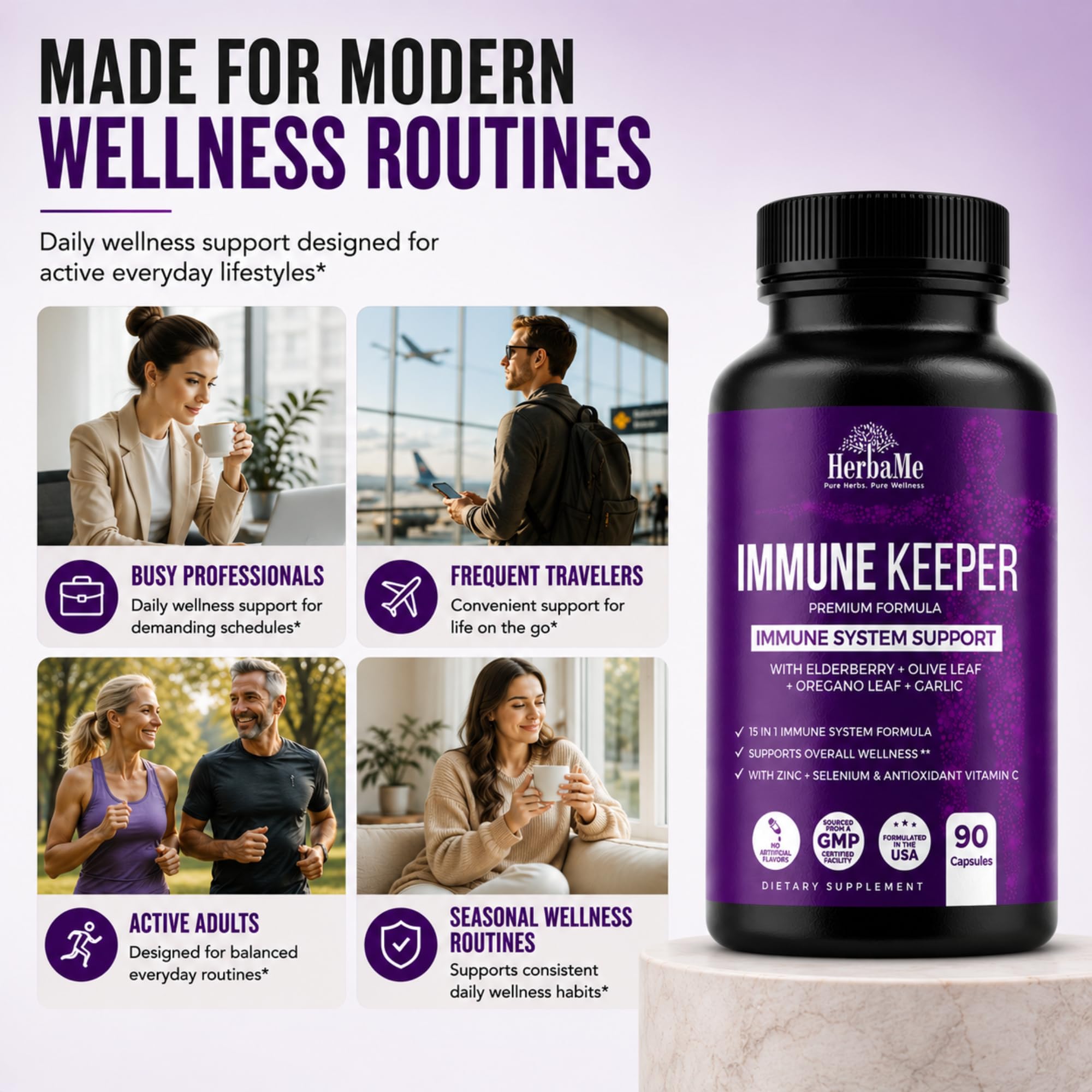 HerbaMe Daily Wellness & daily wellness Support Supplement bottle side view