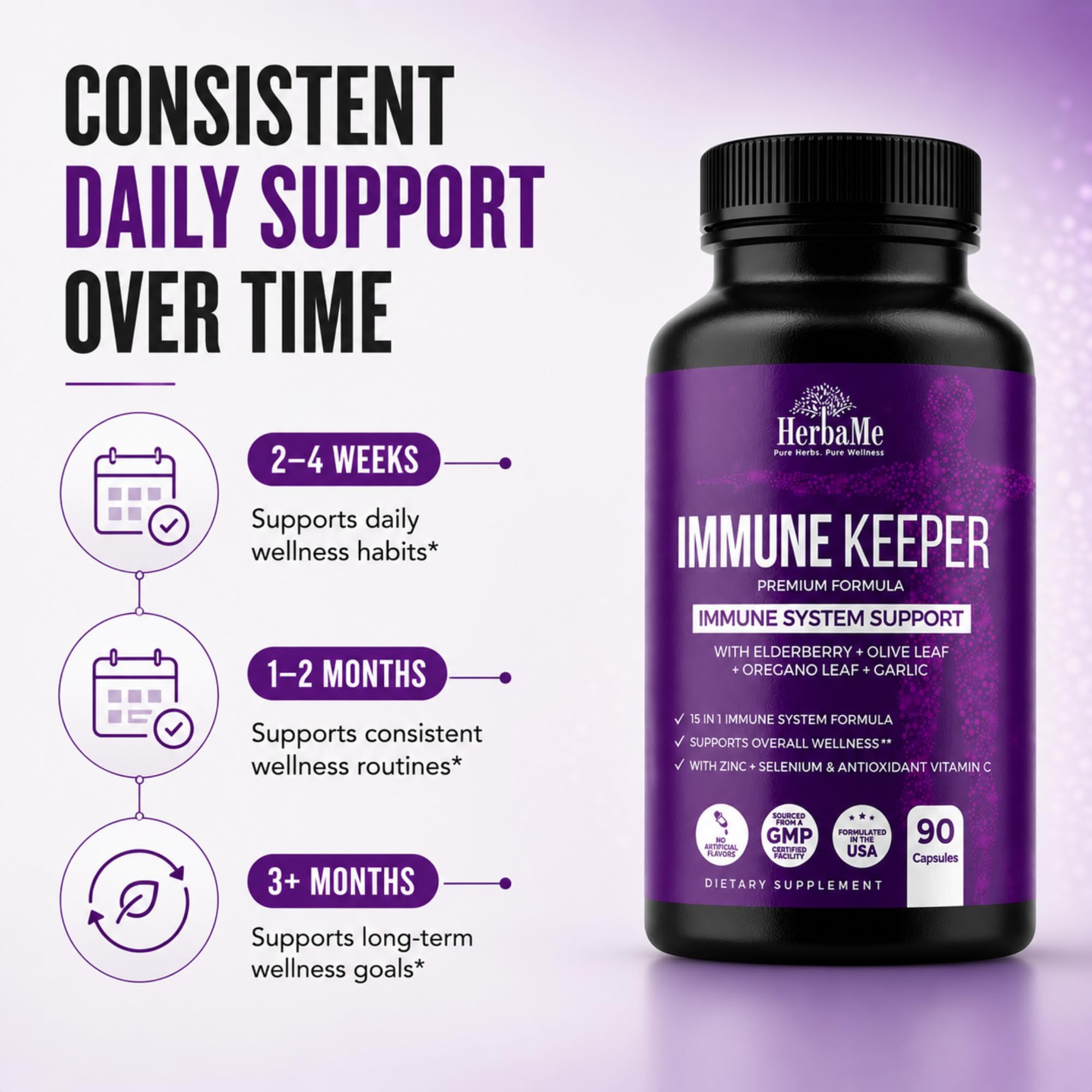 HerbaMe Daily Wellness & daily wellness Support Supplement on a wooden table