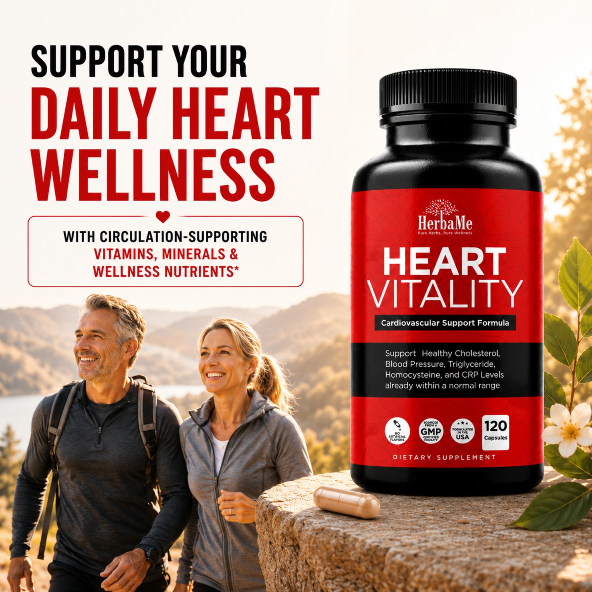 HerbaMe Heart Vitality supplement side view showing capsule size