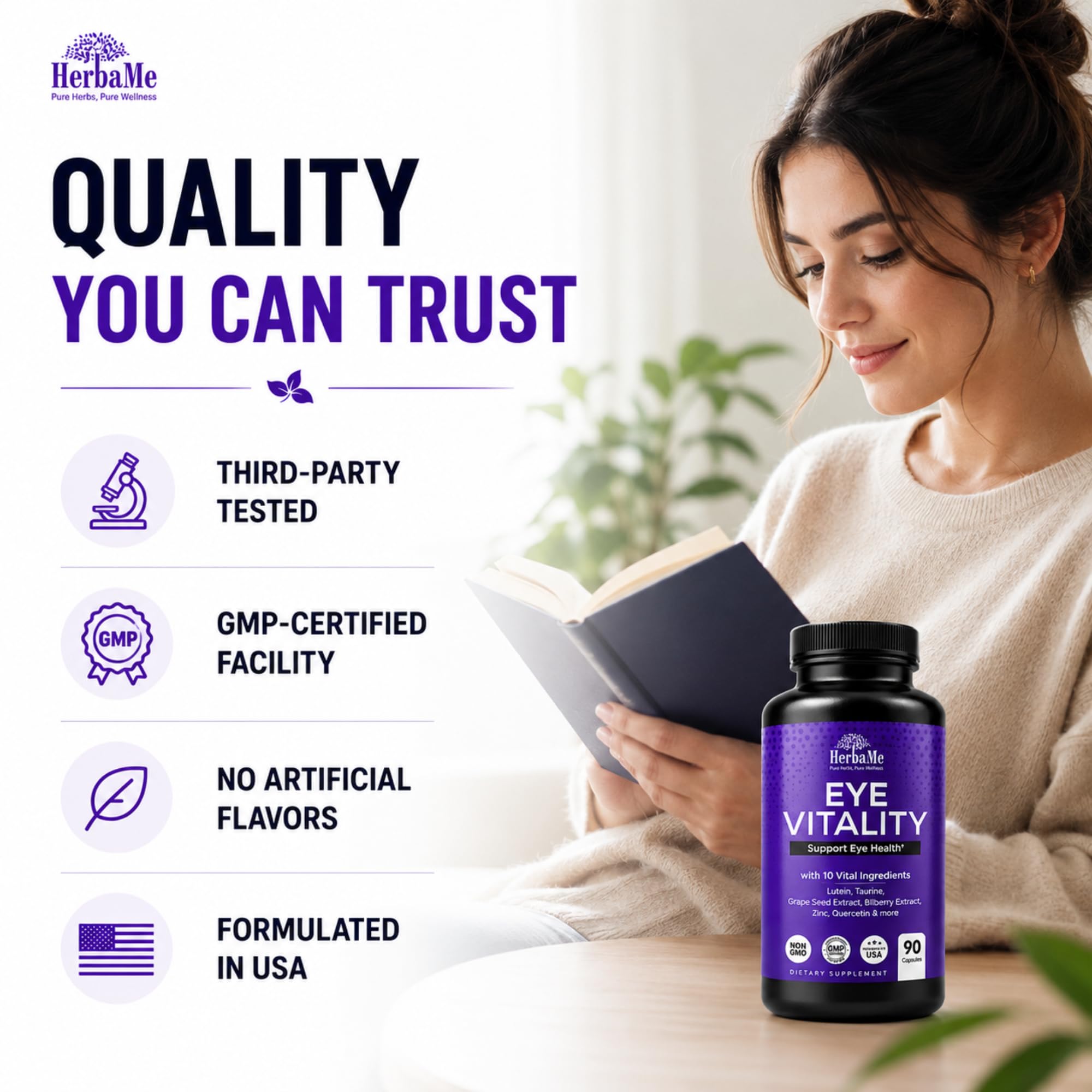 HerbaMe Lutein Eye Support Capsules on a wooden table with a glass of water