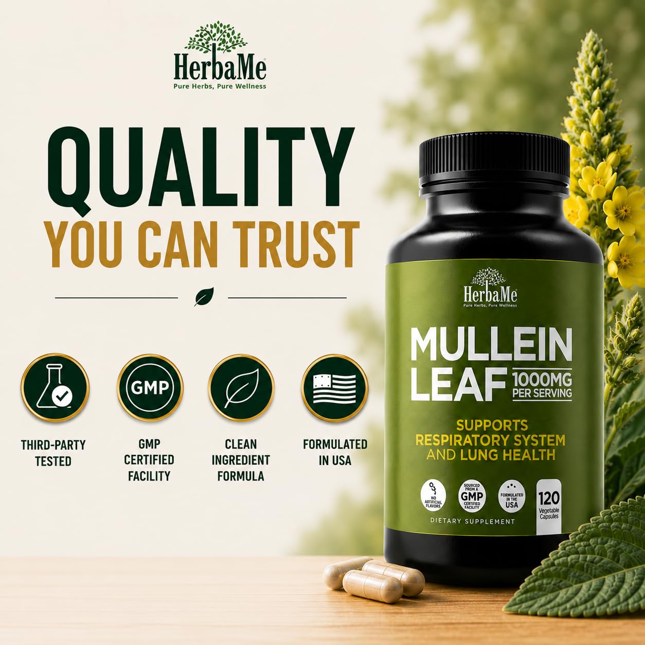 HerbaMe Mullein Leaf Powder with a measuring spoon