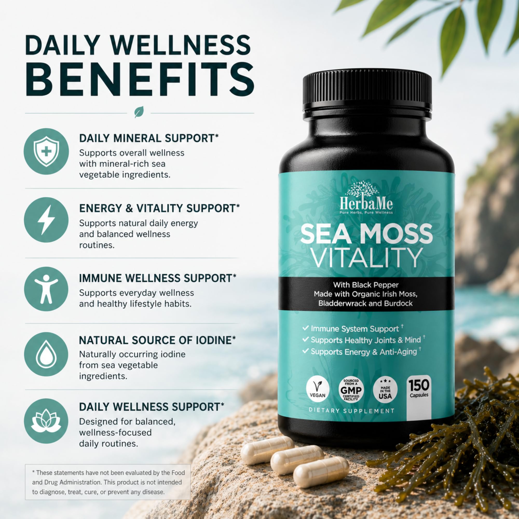 HerbaMe Organic Sea Moss capsules close-up