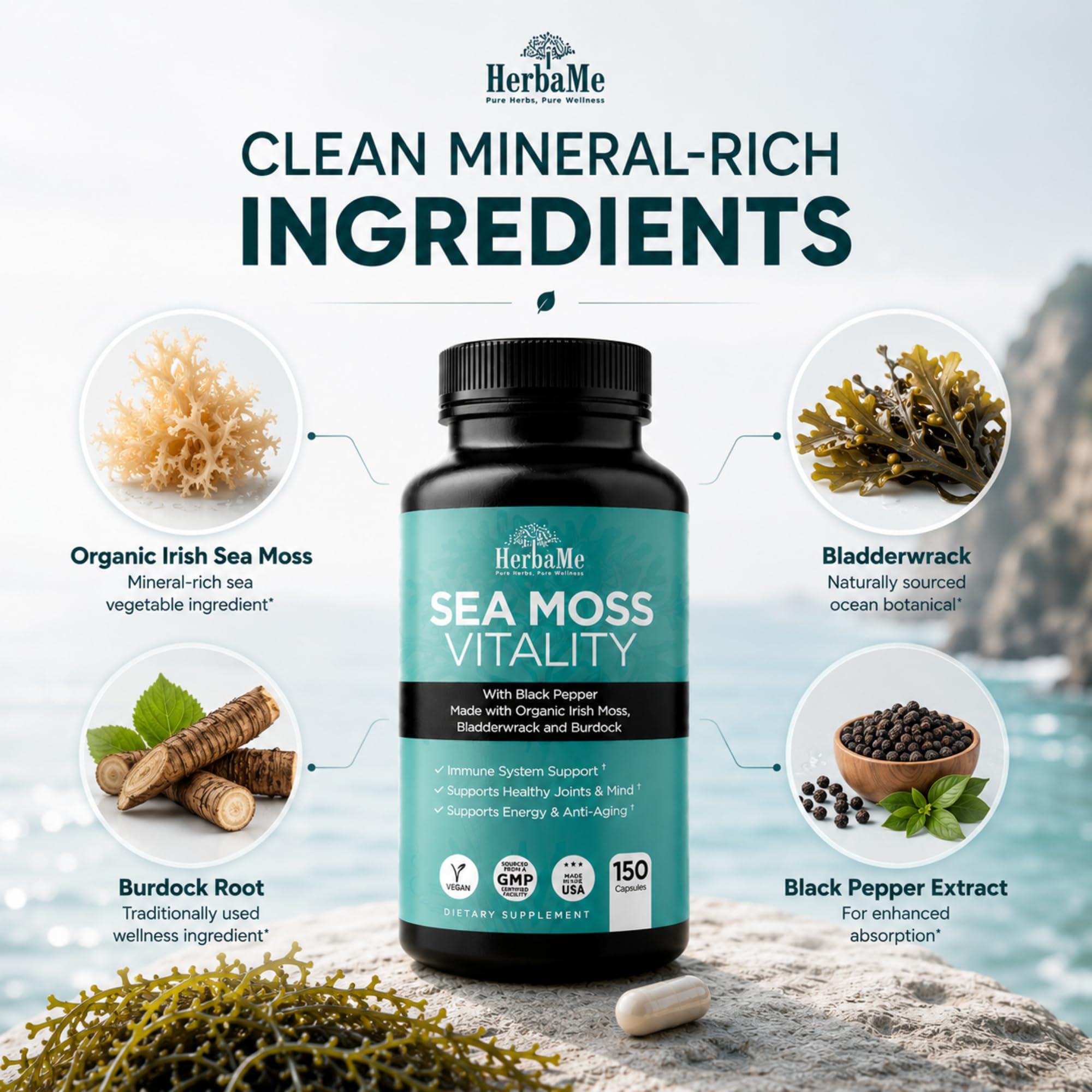 HerbaMe Organic Sea Moss supplement bottle with capsules