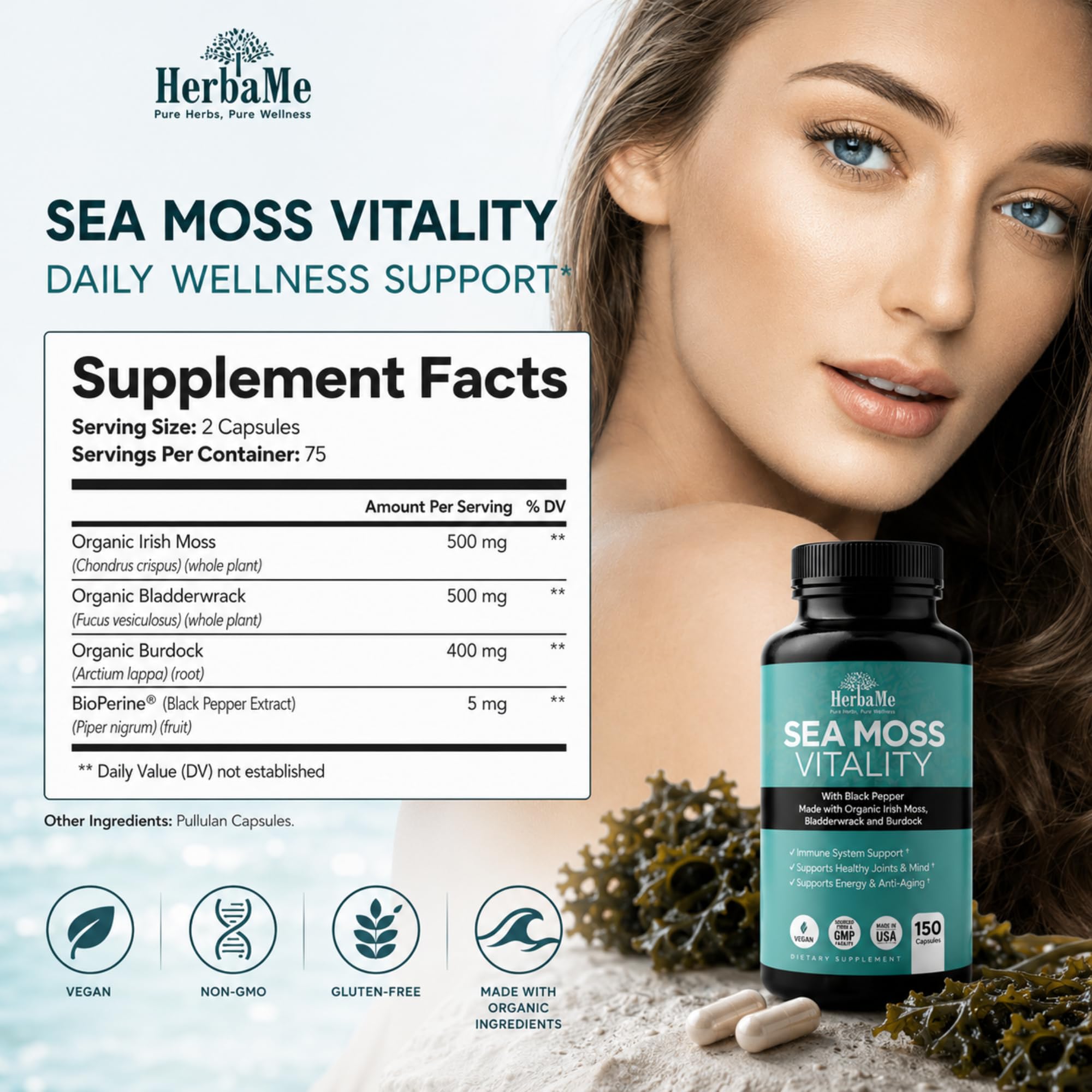 HerbaMe Organic Sea Moss supplement packaging