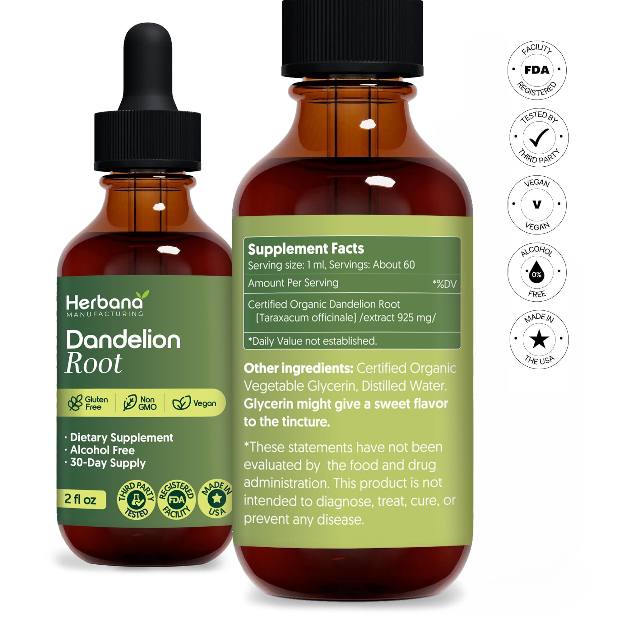 HERBANA Dandelion Root Liquid Extract dropper with liquid