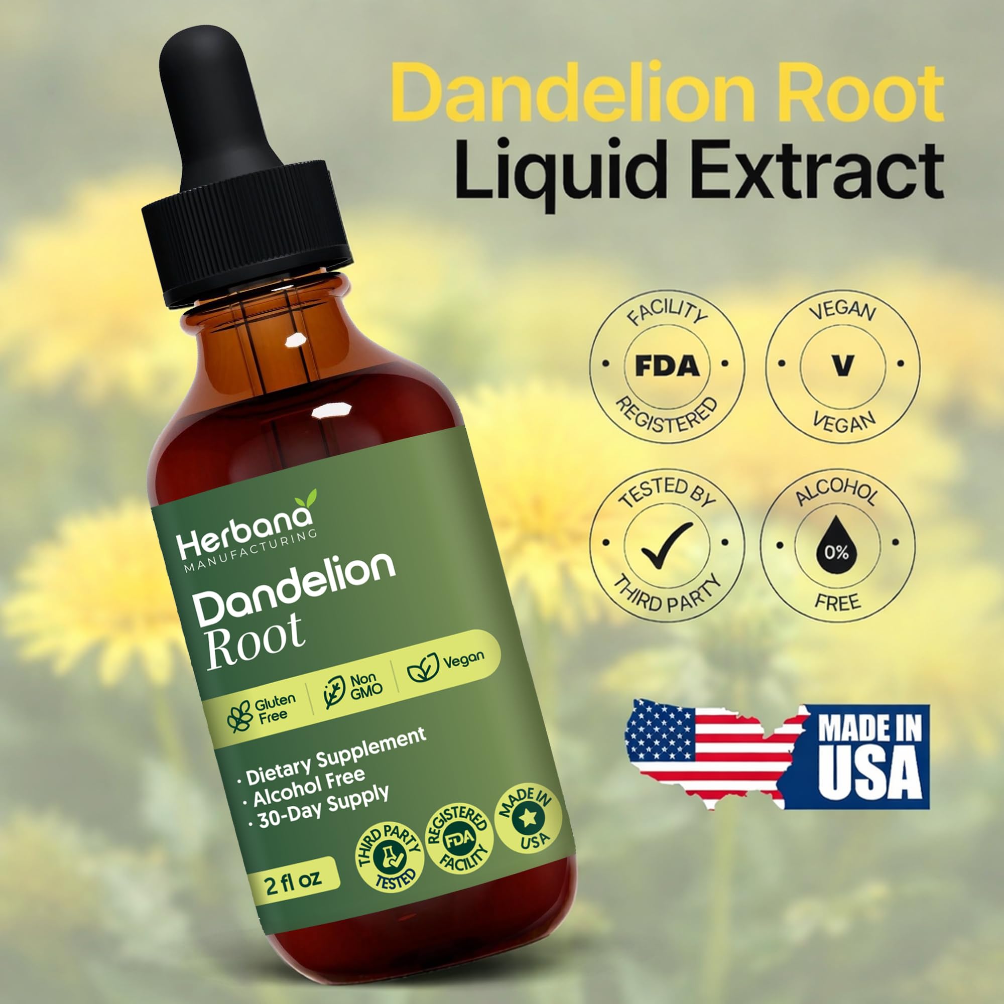 HERBANA Dandelion Root Liquid Extract on a kitchen counter