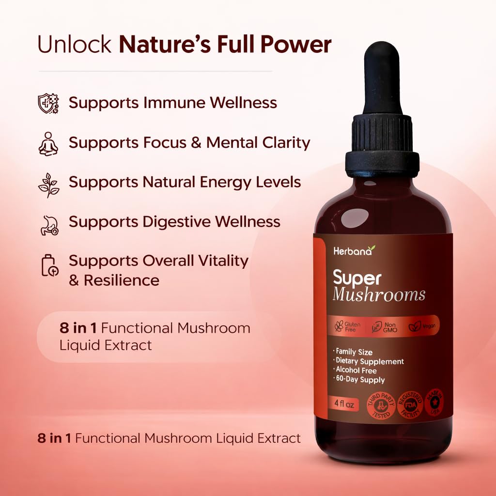 HERBANA MANUFACTURING Complete 8 Mushroom Blend Liquid Extract bottle side view