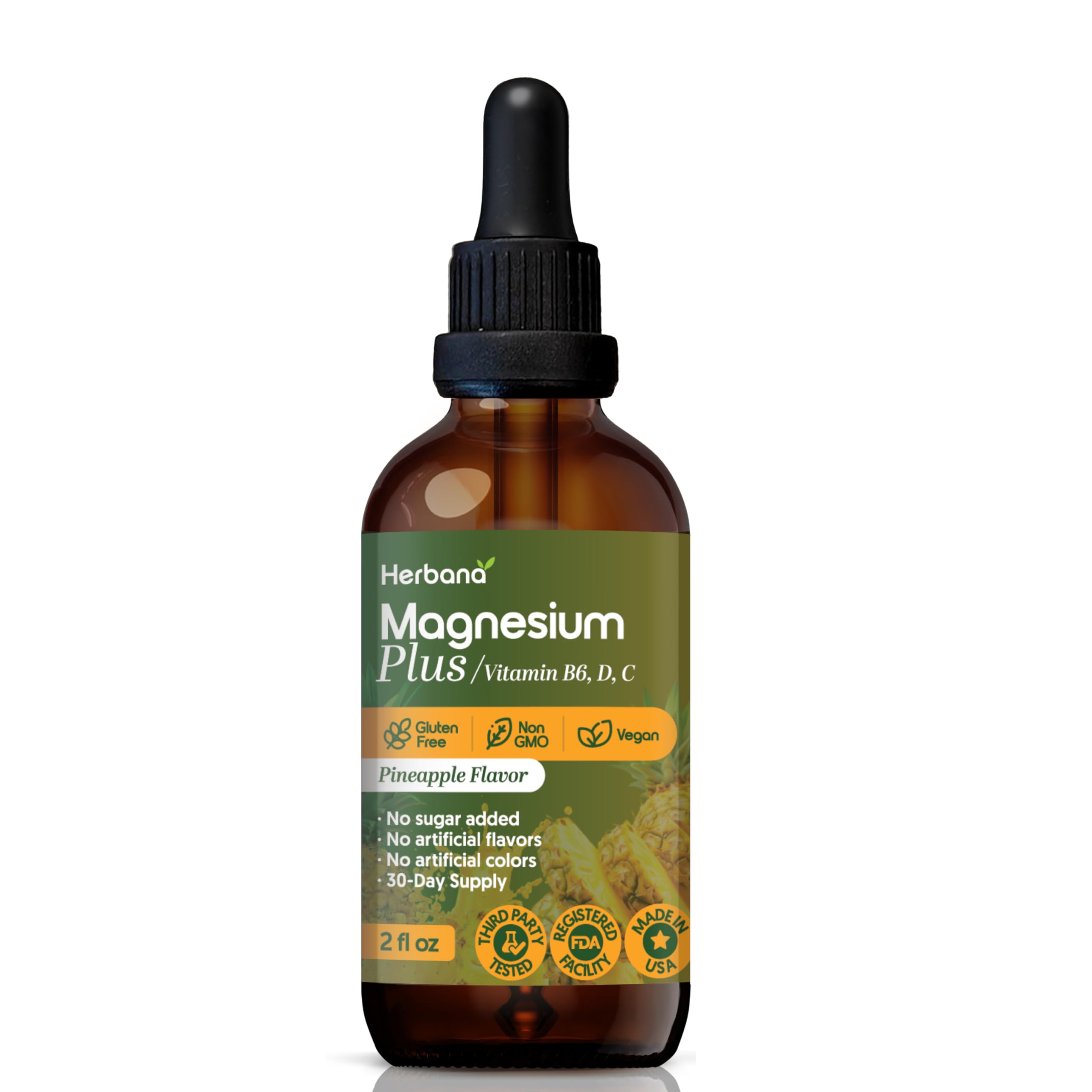 HERBANA MANUFACTURING Magnesium Plus Liquid Drops with glass of juice