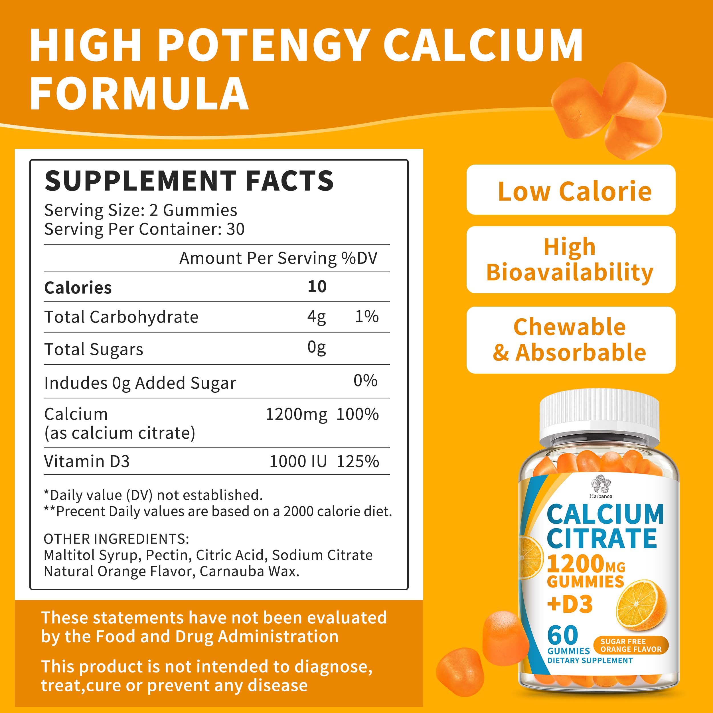Herbance Calcium Citrate Gummies 1200mg gummies in a bowl