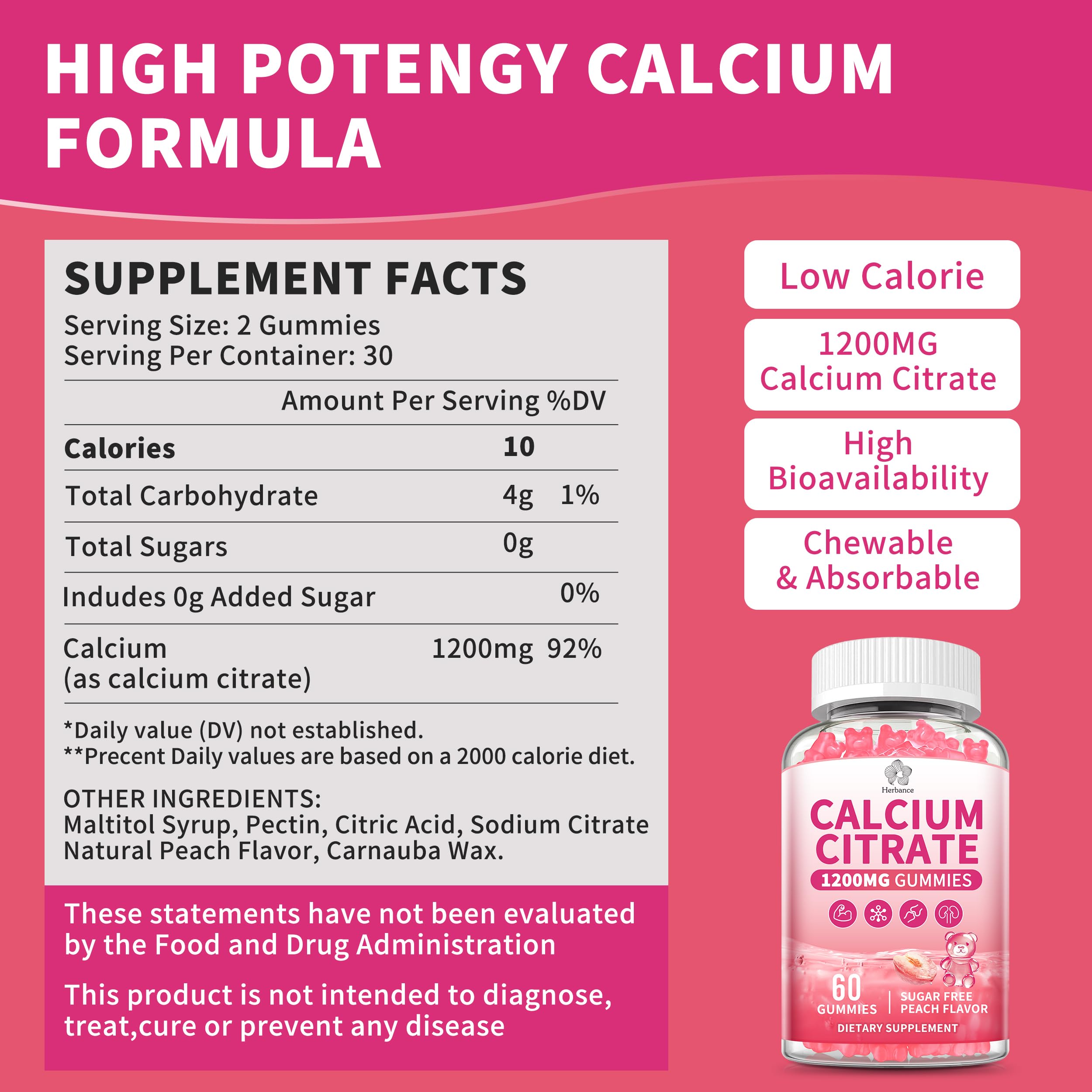 Herbance Calcium Citrate Gummies 1200mg gummies in a bowl