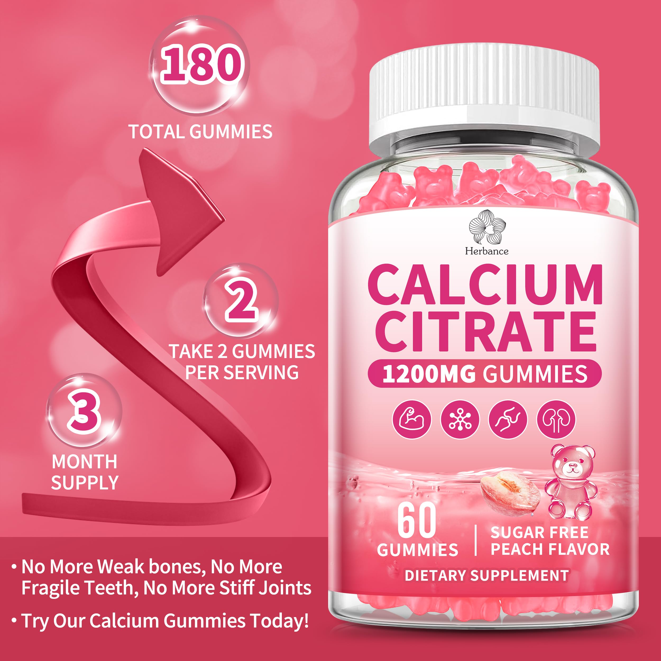 Herbance Calcium Citrate Gummies 1200mg packaging on a kitchen counter