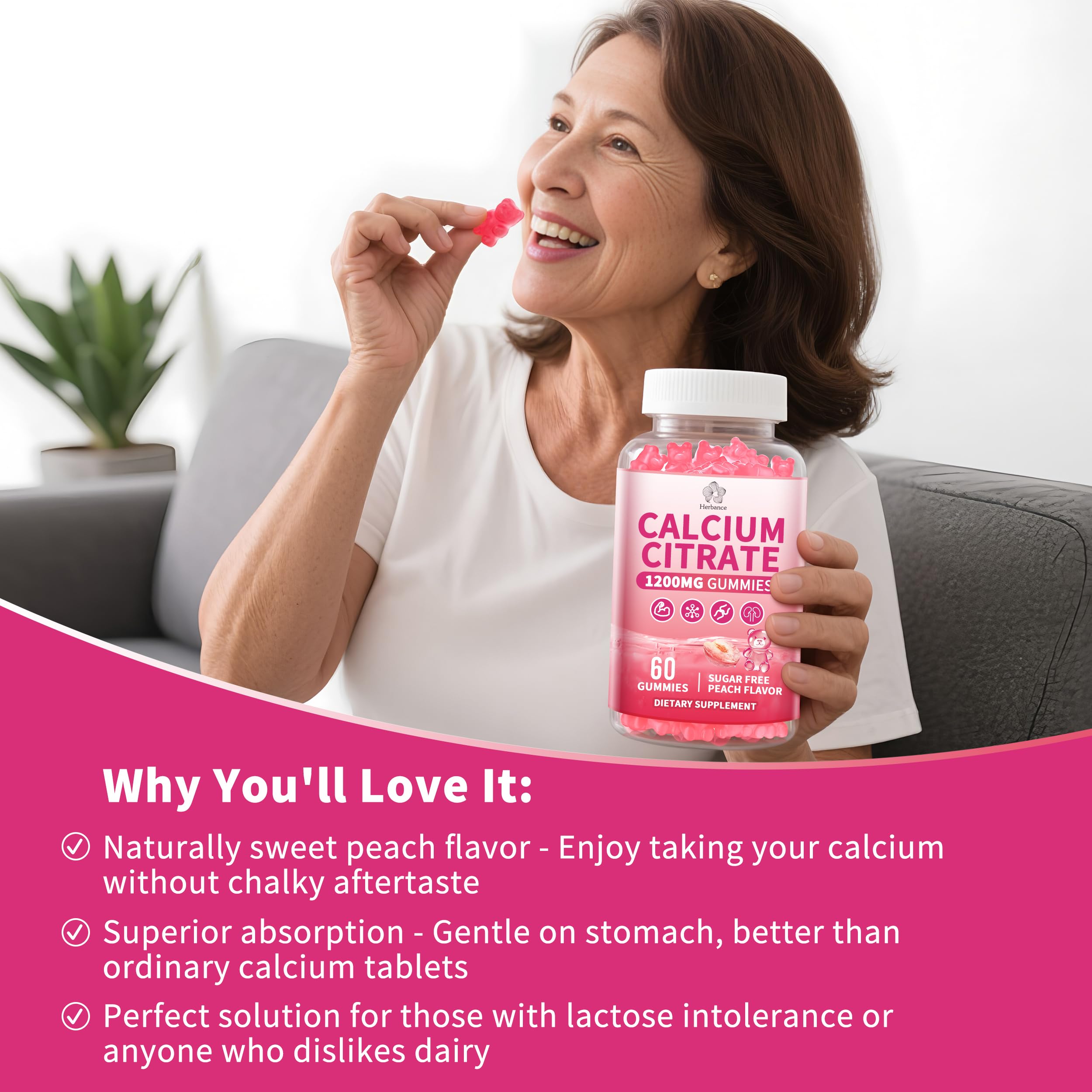Herbance Calcium Citrate Gummies 1200mg side view showing gummies