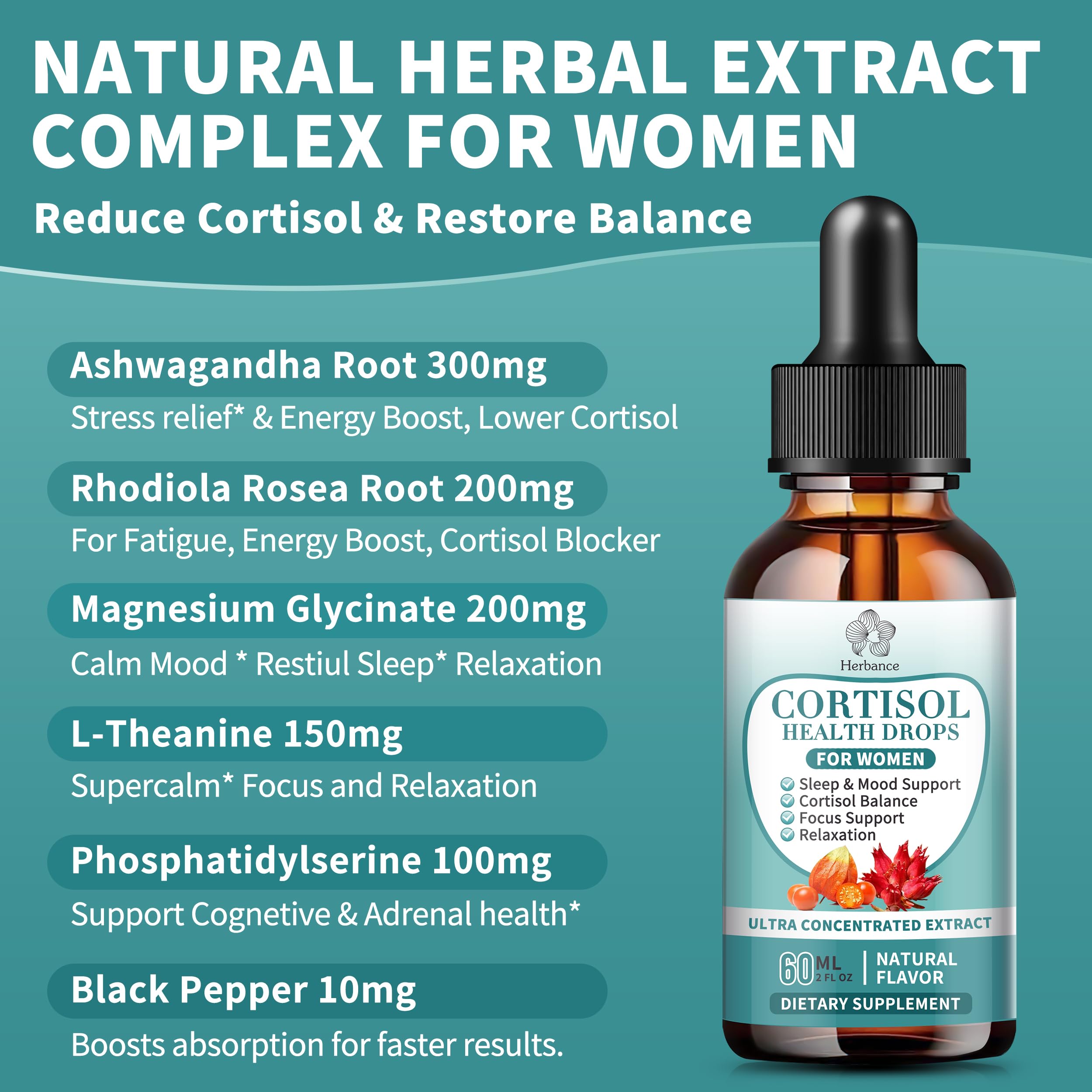 Herbance Cortisol Liquid Drops back view with ingredients