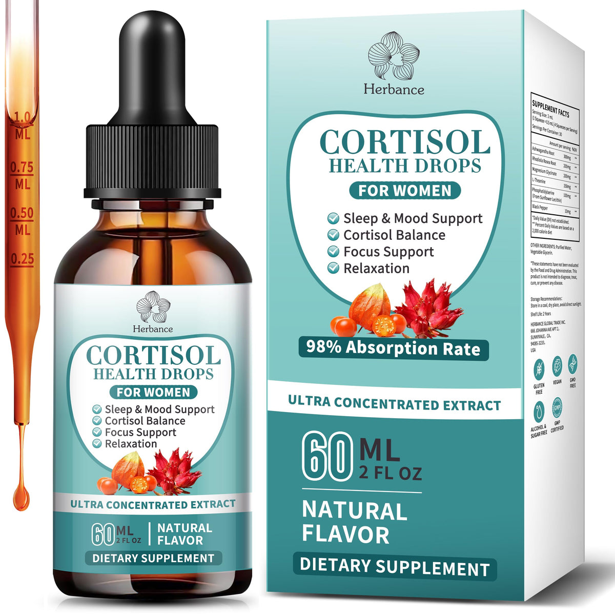 Herbance Cortisol Liquid Drops front view 132g