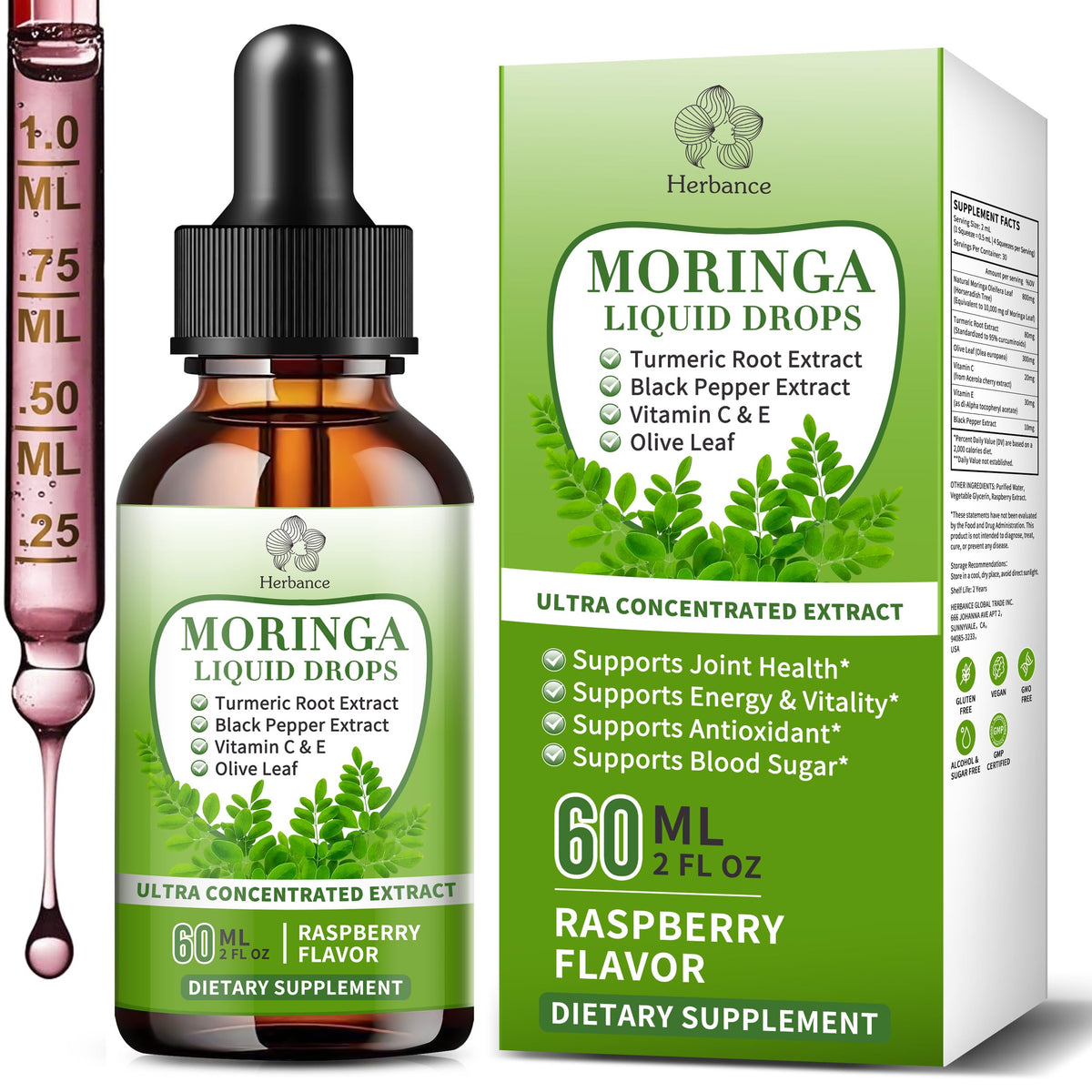 Herbance Moringa Liquid Drops 99g front view with packaging