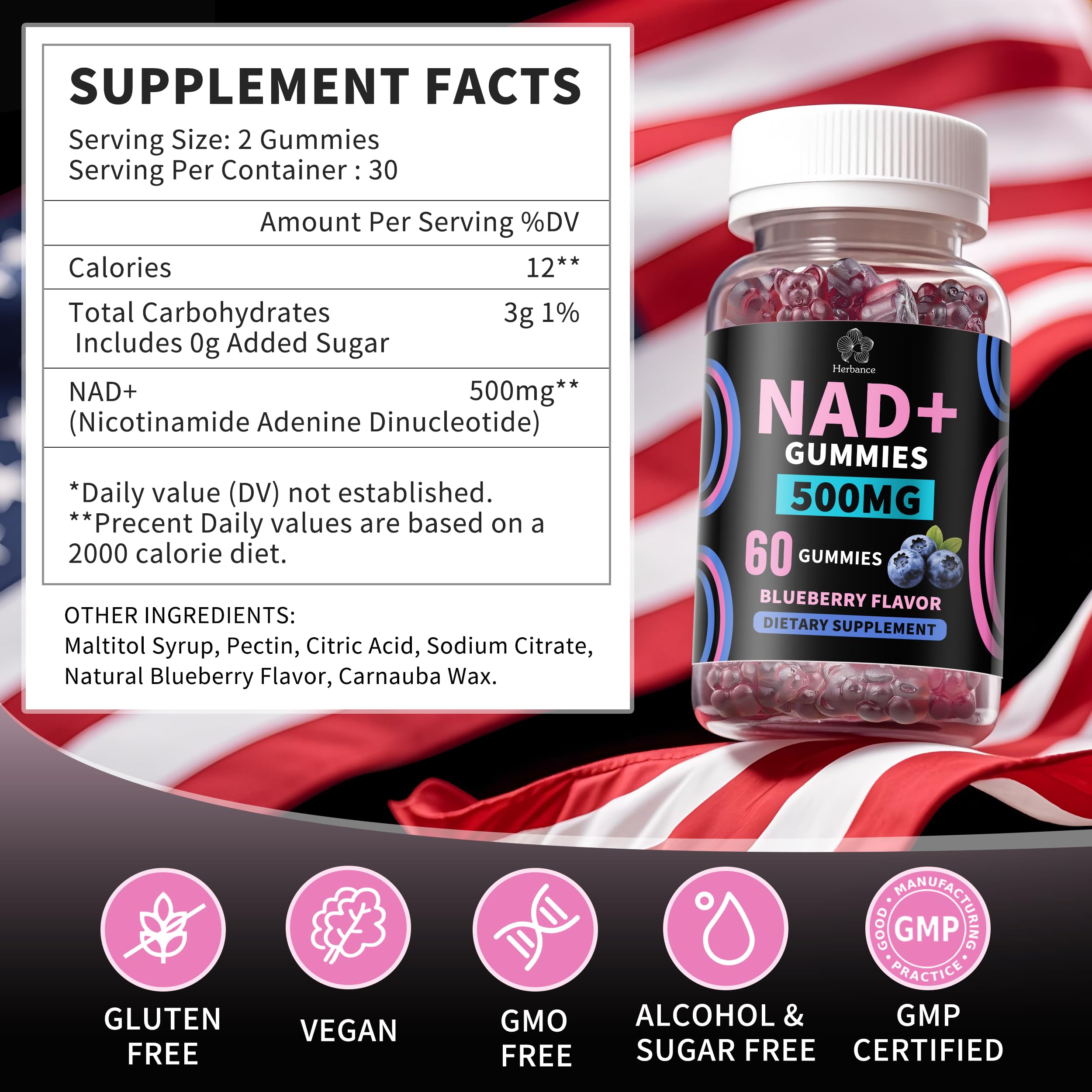 Herbance NAD+ Gummies 500mg side view showing nutritional information