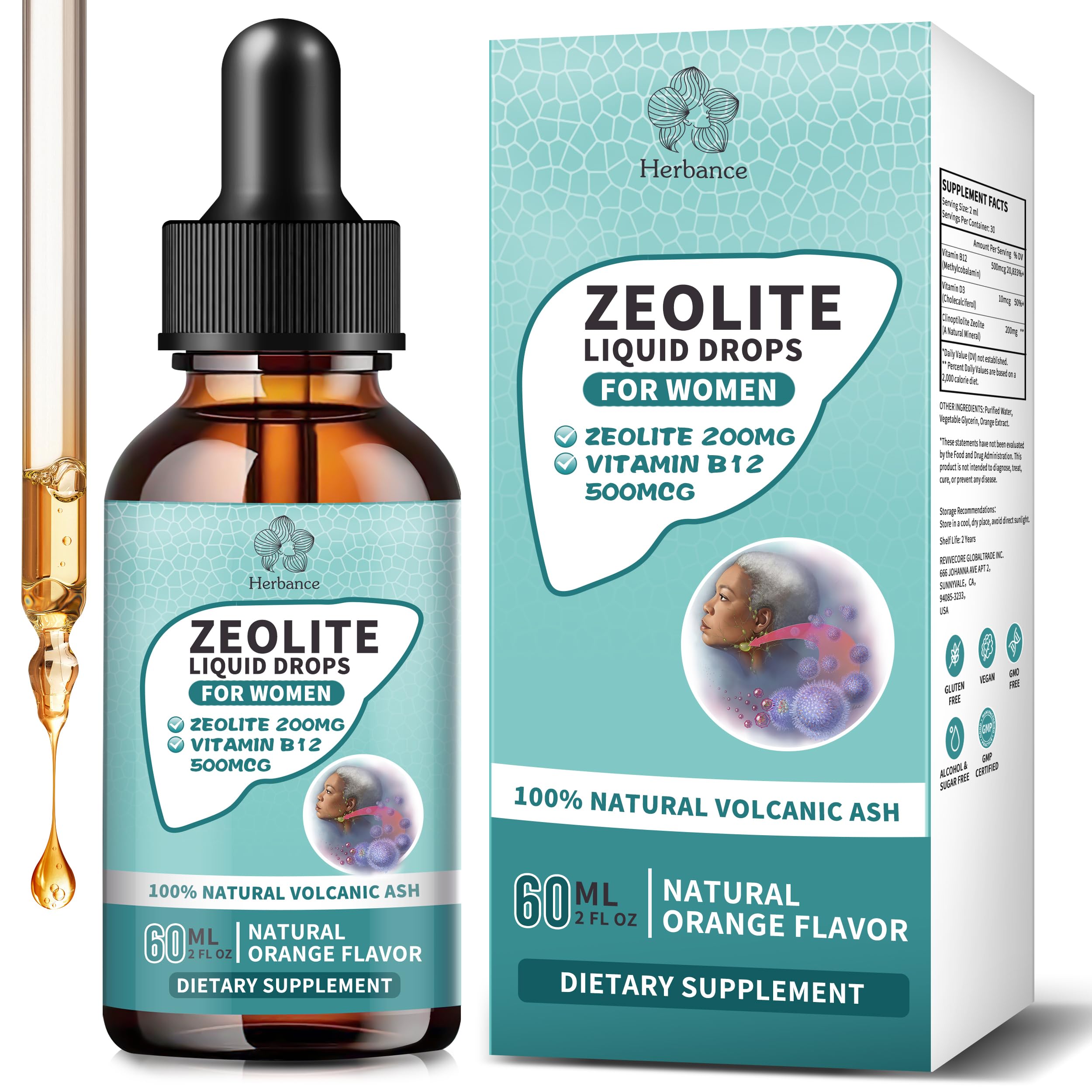 Herbance Zeolite Drops bottle front view with orange label