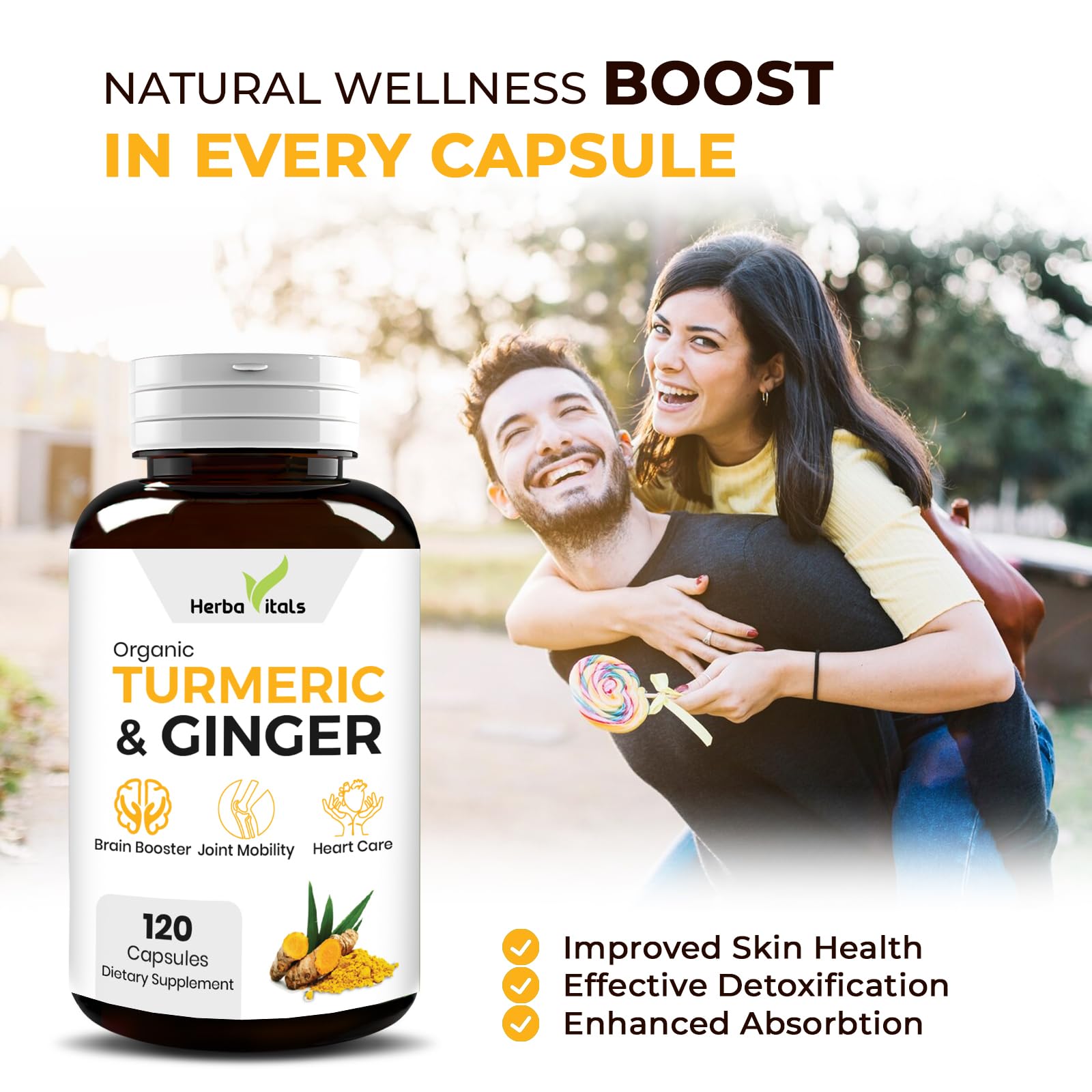 HerbaVitals Turmeric and Ginger Supplement on a wooden table