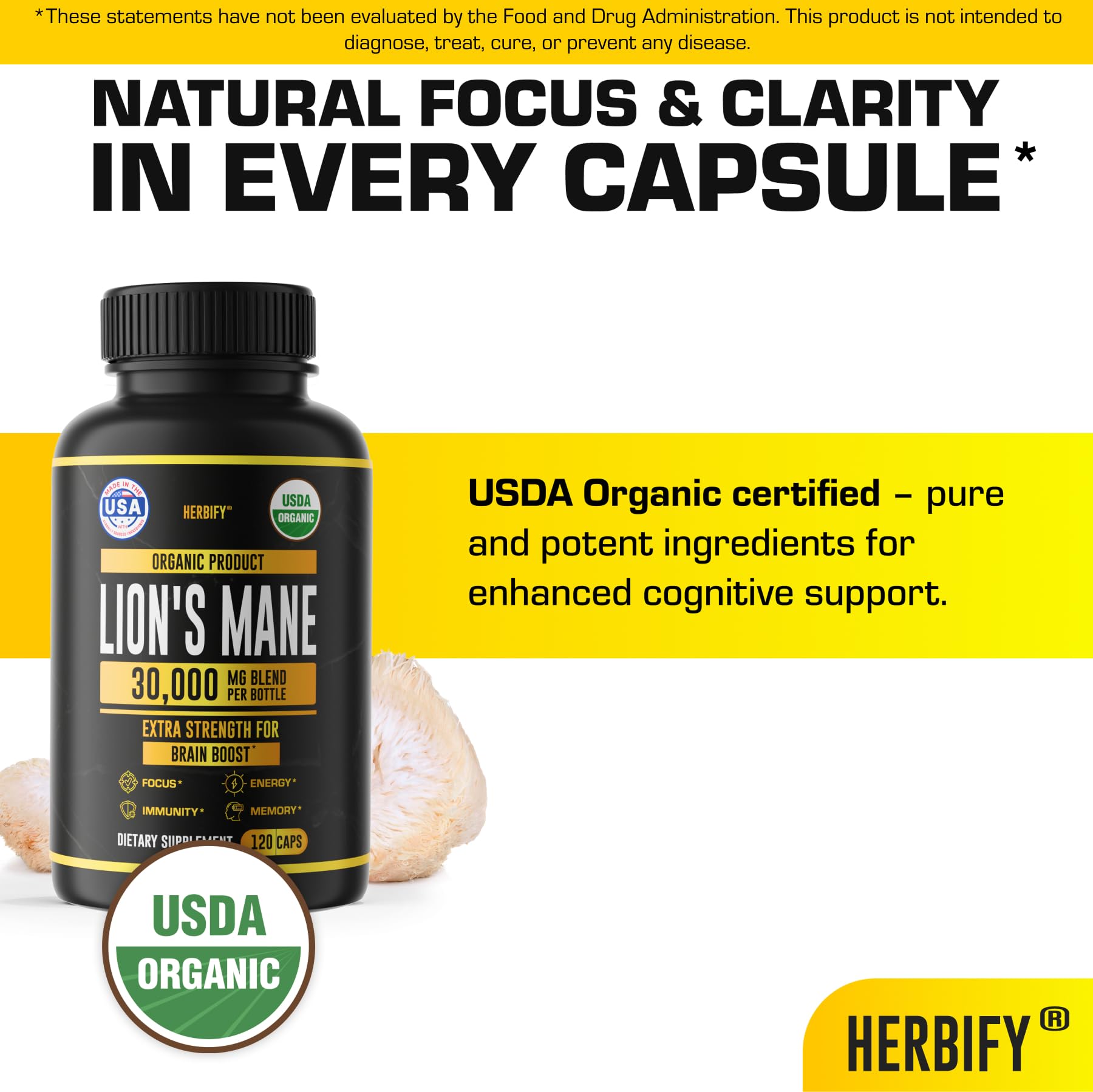 HERBIFY Lion's Mane Mushroom Capsules on a wooden table