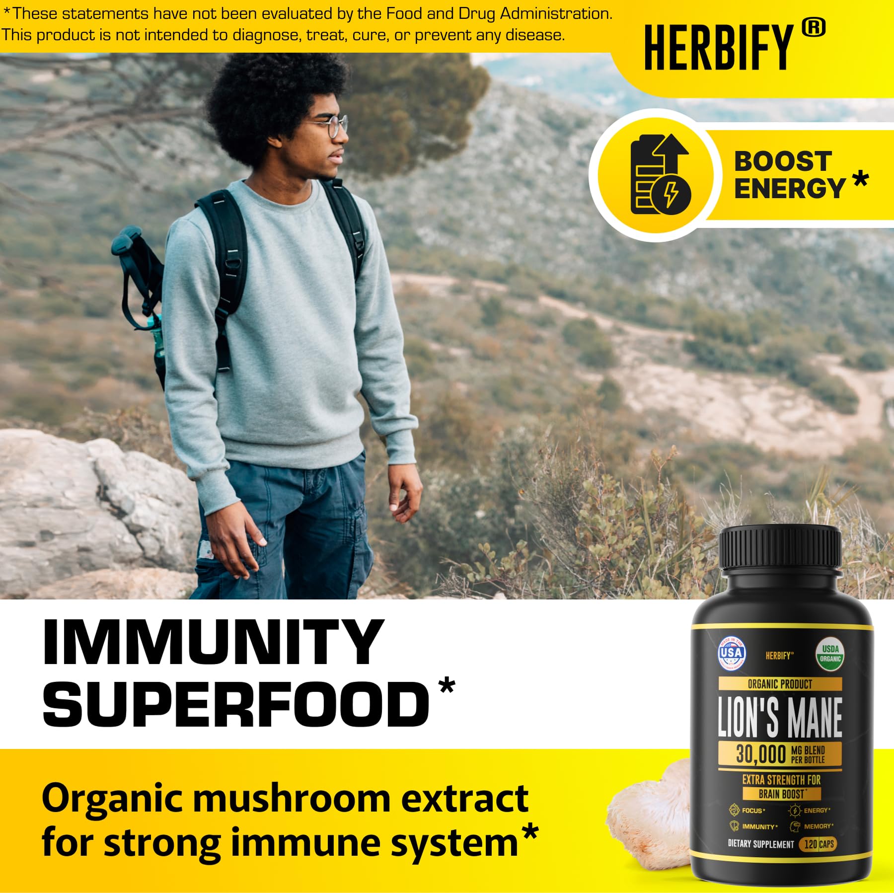 HERBIFY Lion's Mane Mushroom Capsules with ingredients