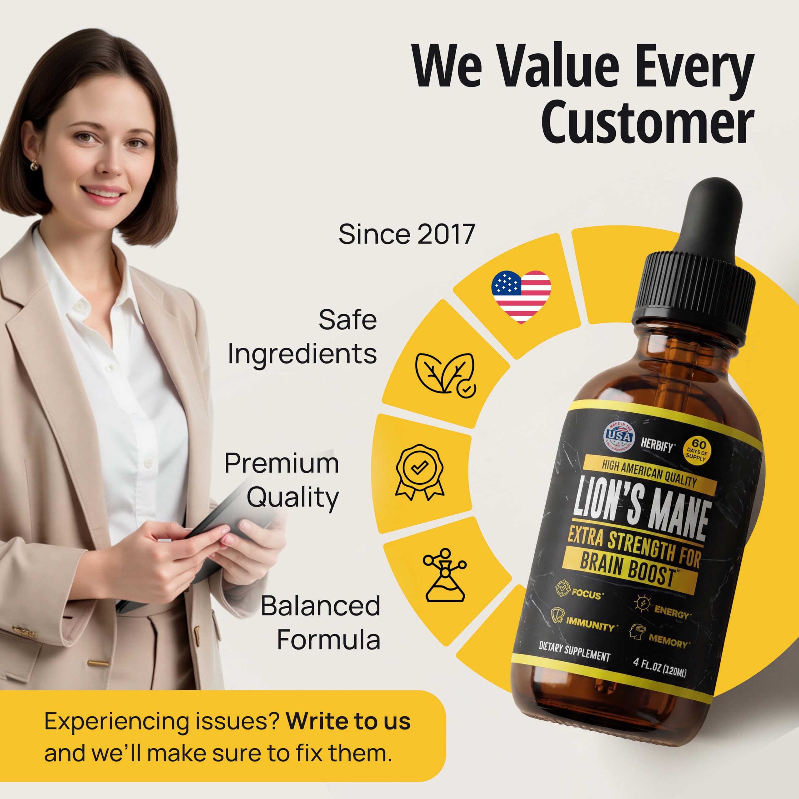 HERBIFY Lion's Mane Mushroom Extract 115g liquid tincture lifestyle scene