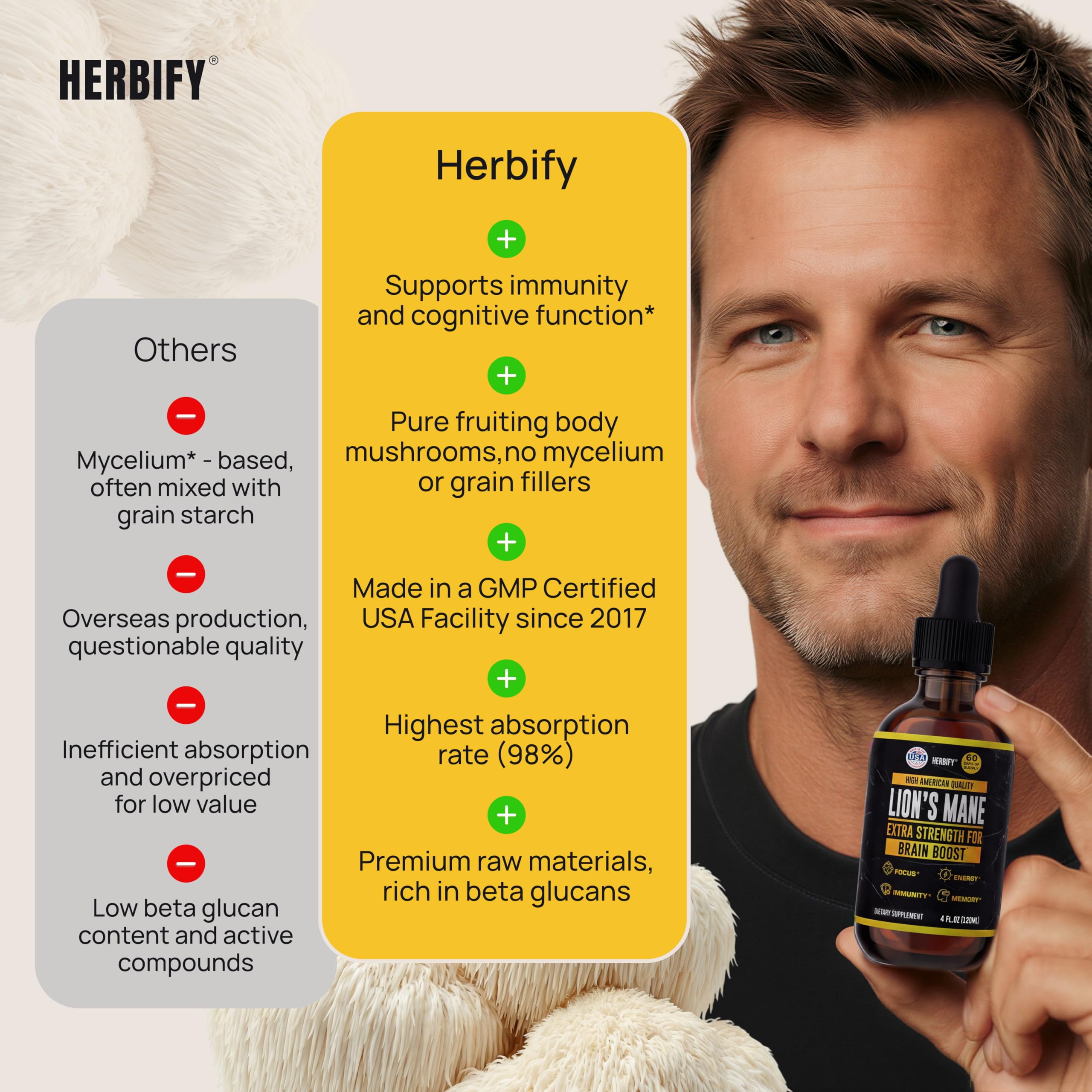 HERBIFY Lion's Mane Mushroom Extract 115g liquid tincture with ingredients list