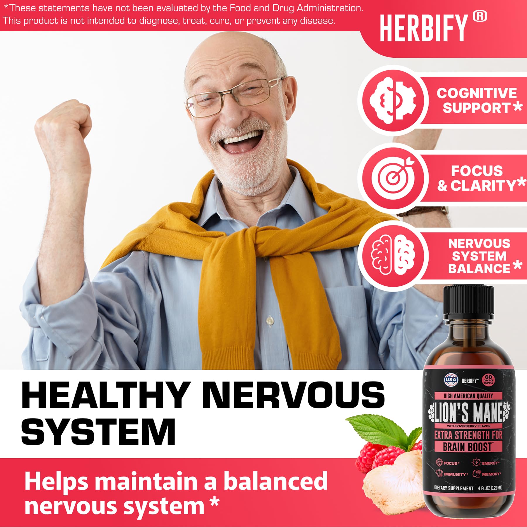 HERBIFY Lion's Mane Mushroom Extract 4:1 Liquid Tincture bottle side view