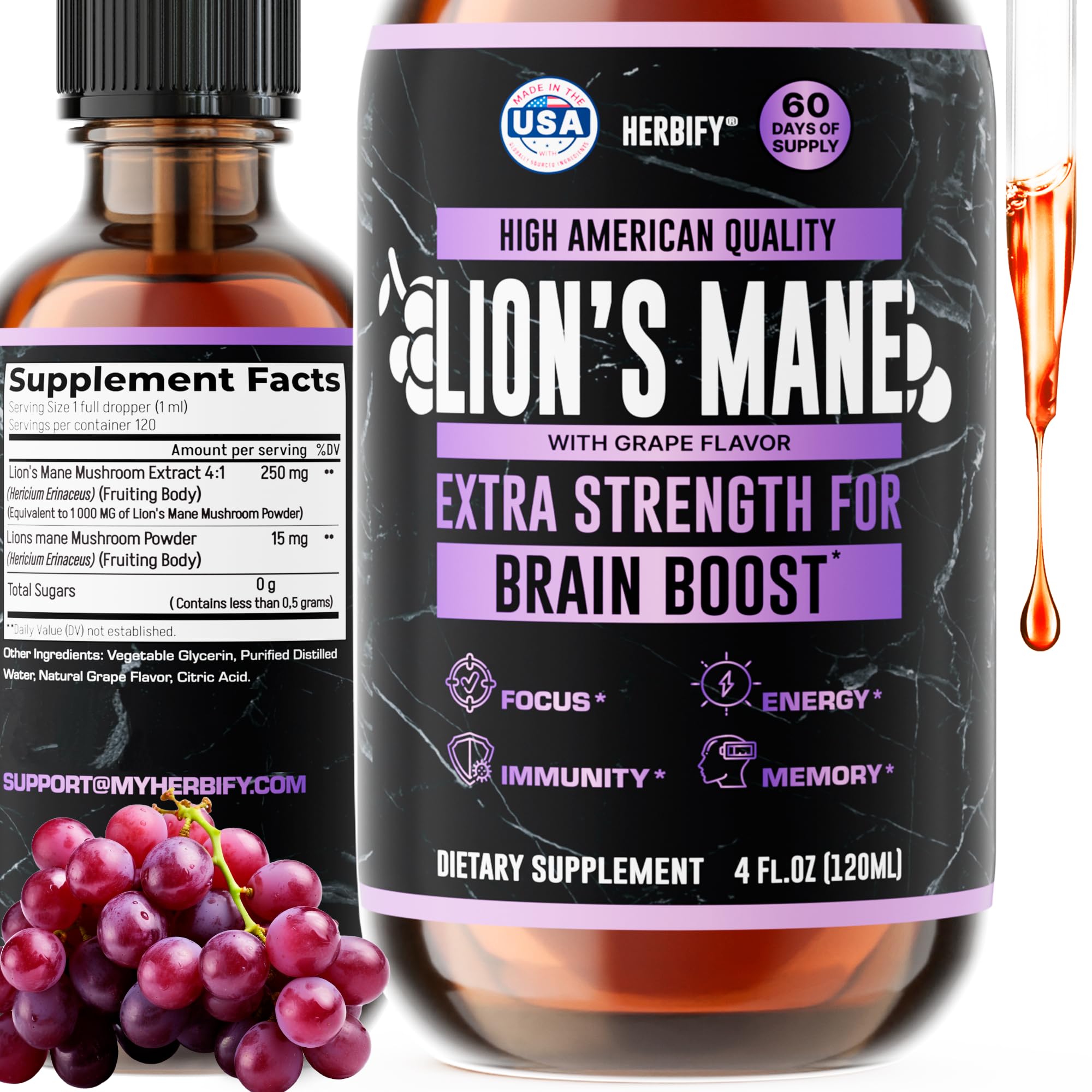 HERBIFY Lion's Mane Mushroom Extract 4:1 Liquid Tincture front view