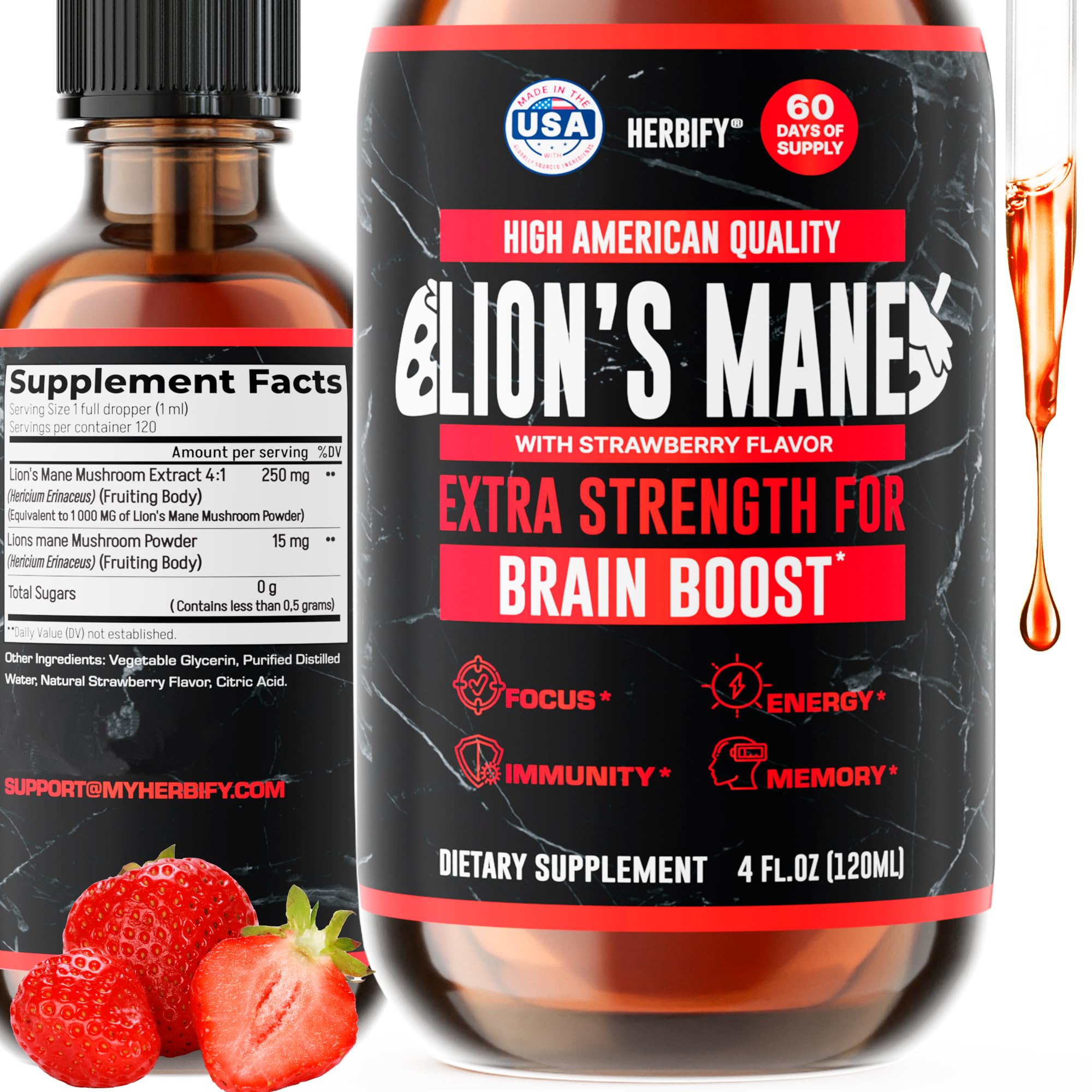 HERBIFY Lion's Mane Mushroom Extract 4:1 Liquid Tincture front view