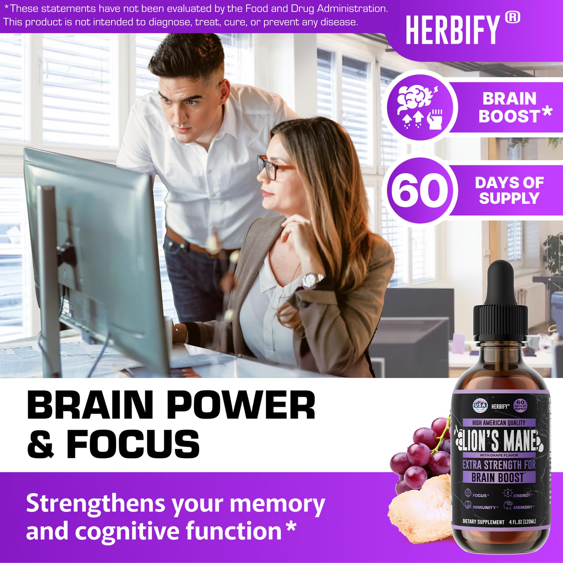 HERBIFY Lion's Mane Mushroom Extract 4:1 Liquid Tincture glass dropper