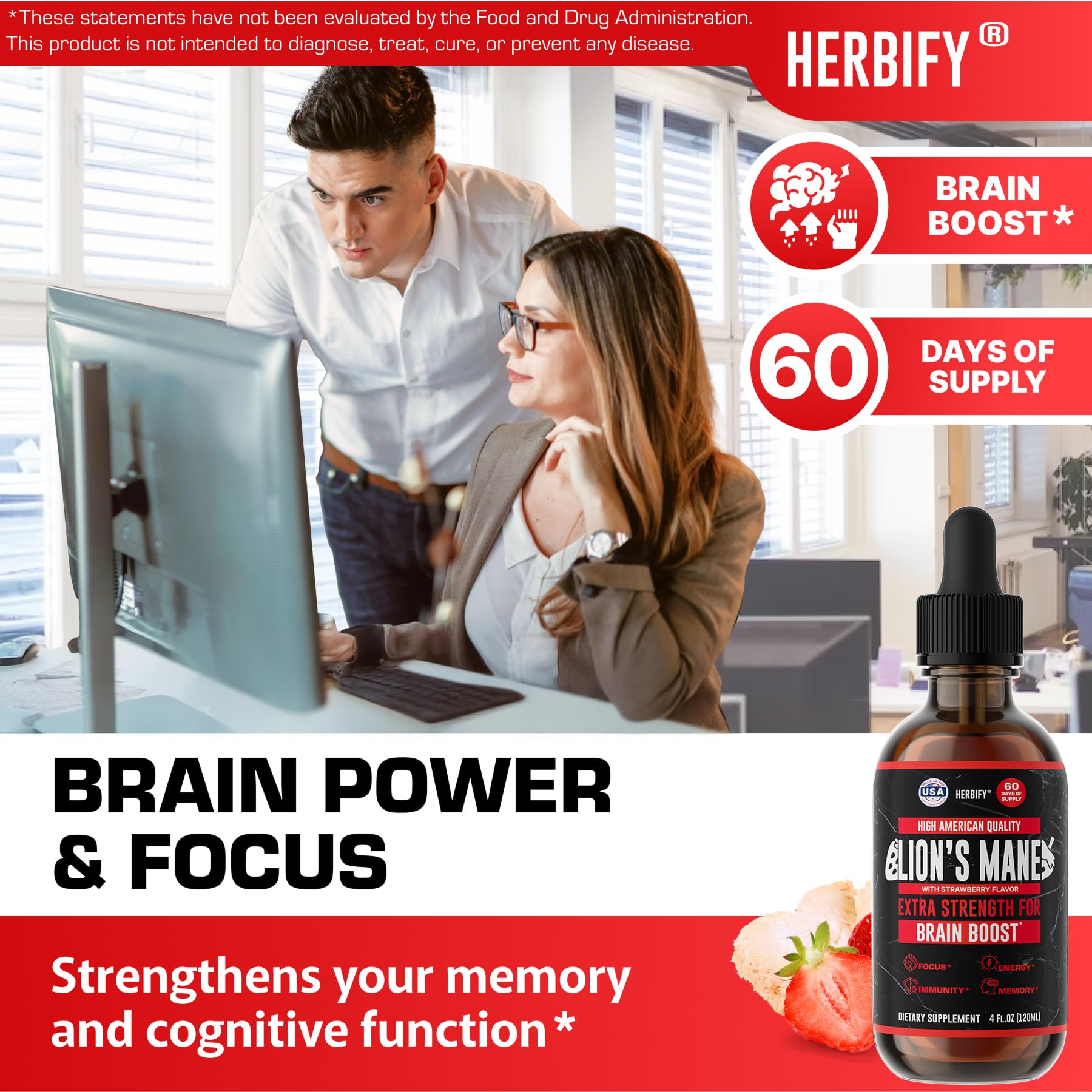 HERBIFY Lion's Mane Mushroom Extract 4:1 Liquid Tincture glass dropper