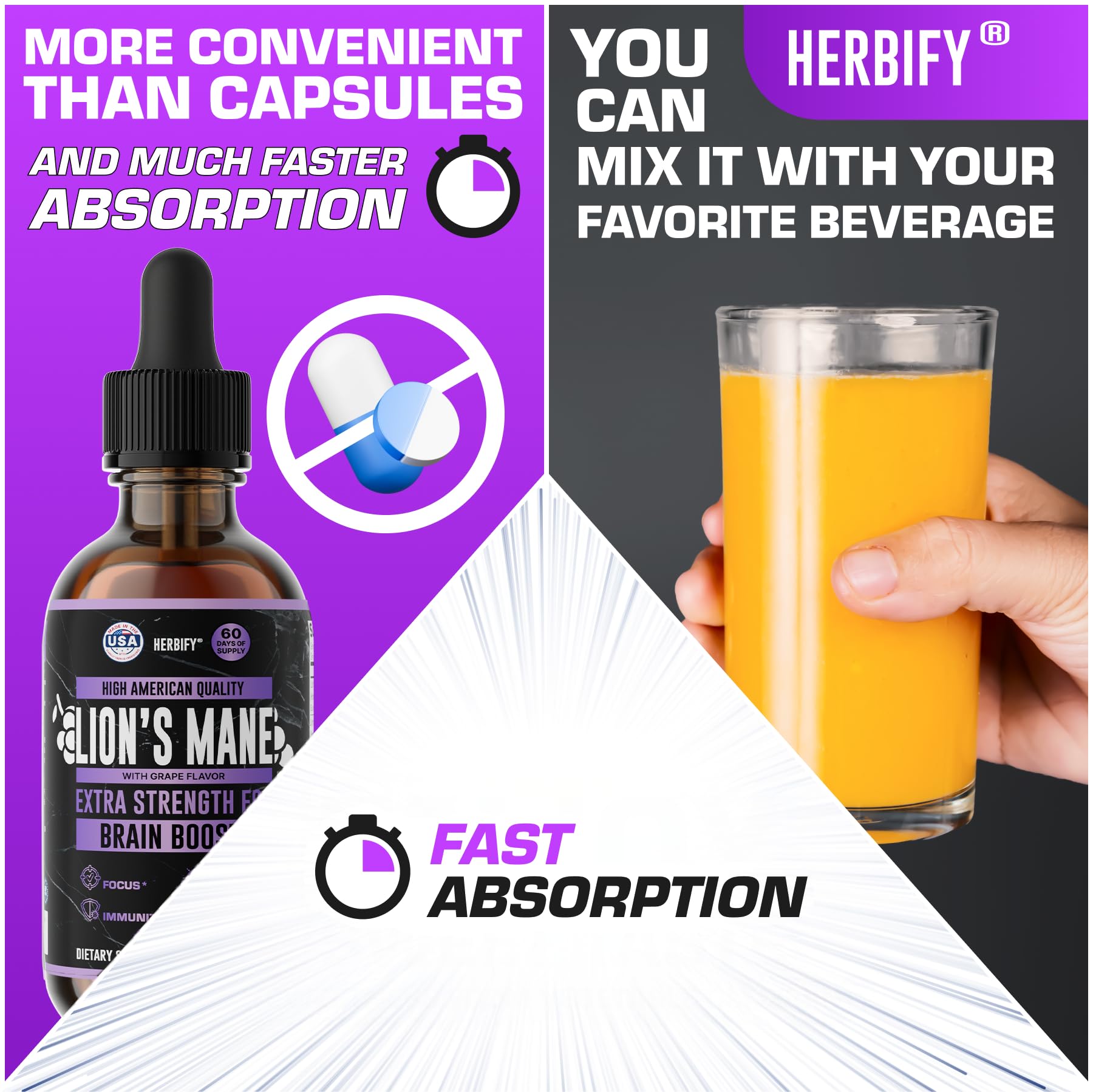 HERBIFY Lion's Mane Mushroom Extract 4:1 Liquid Tincture ingredients list