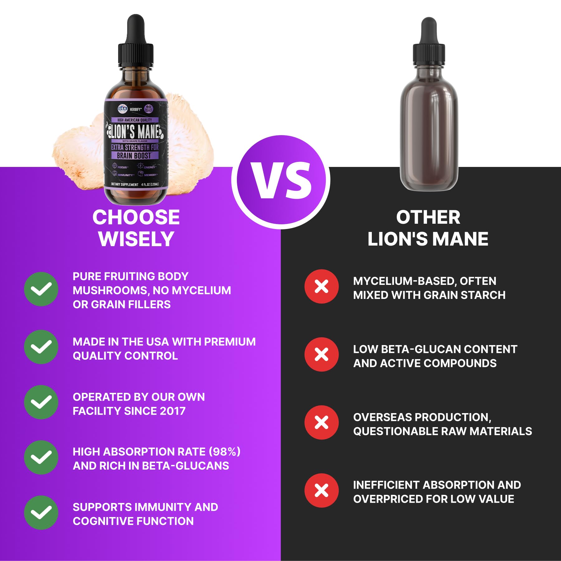 HERBIFY Lion's Mane Mushroom Extract 4:1 Liquid Tincture packaging