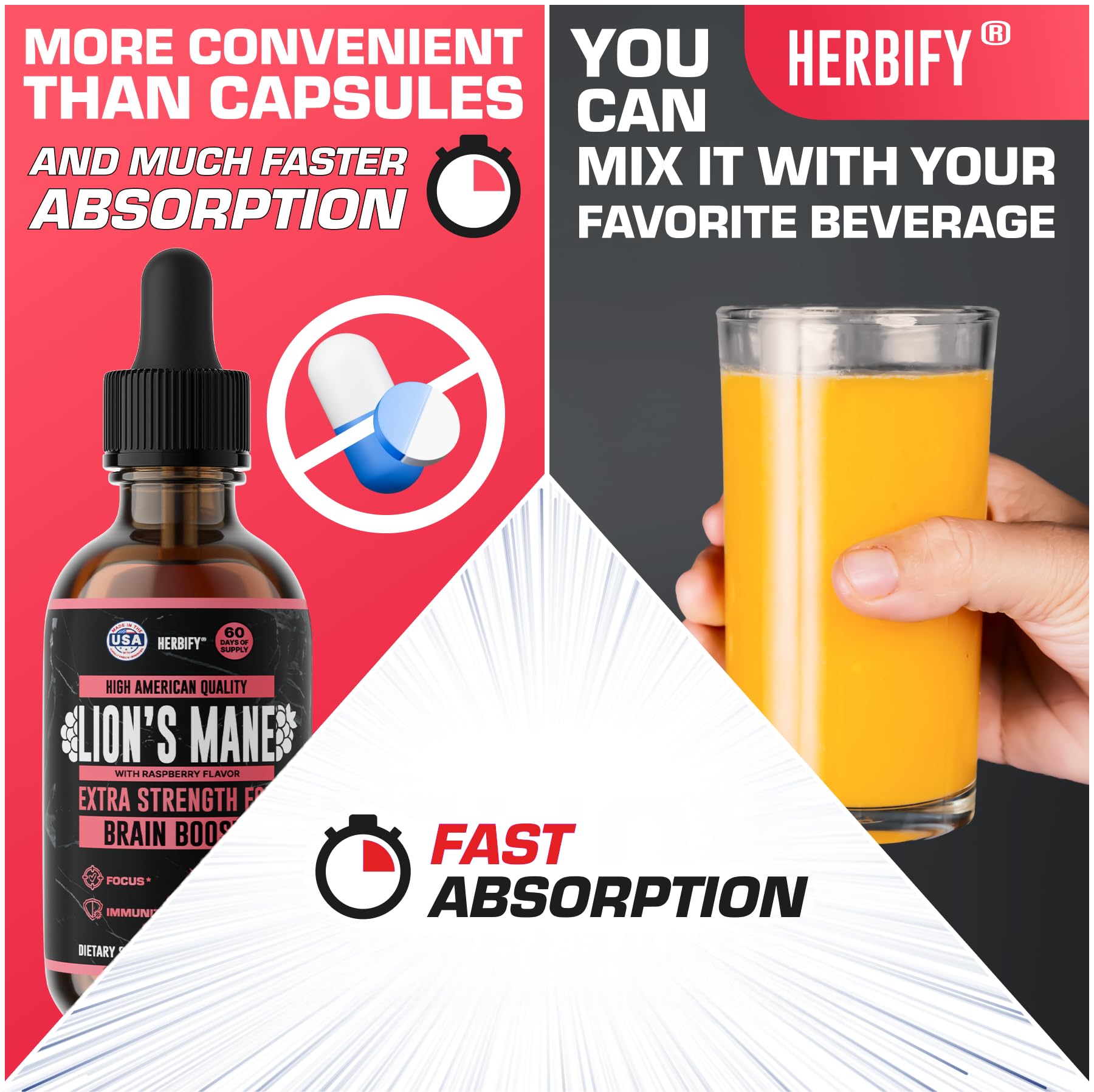 HERBIFY Lion's Mane Mushroom Extract 4:1 Liquid Tincture packaging