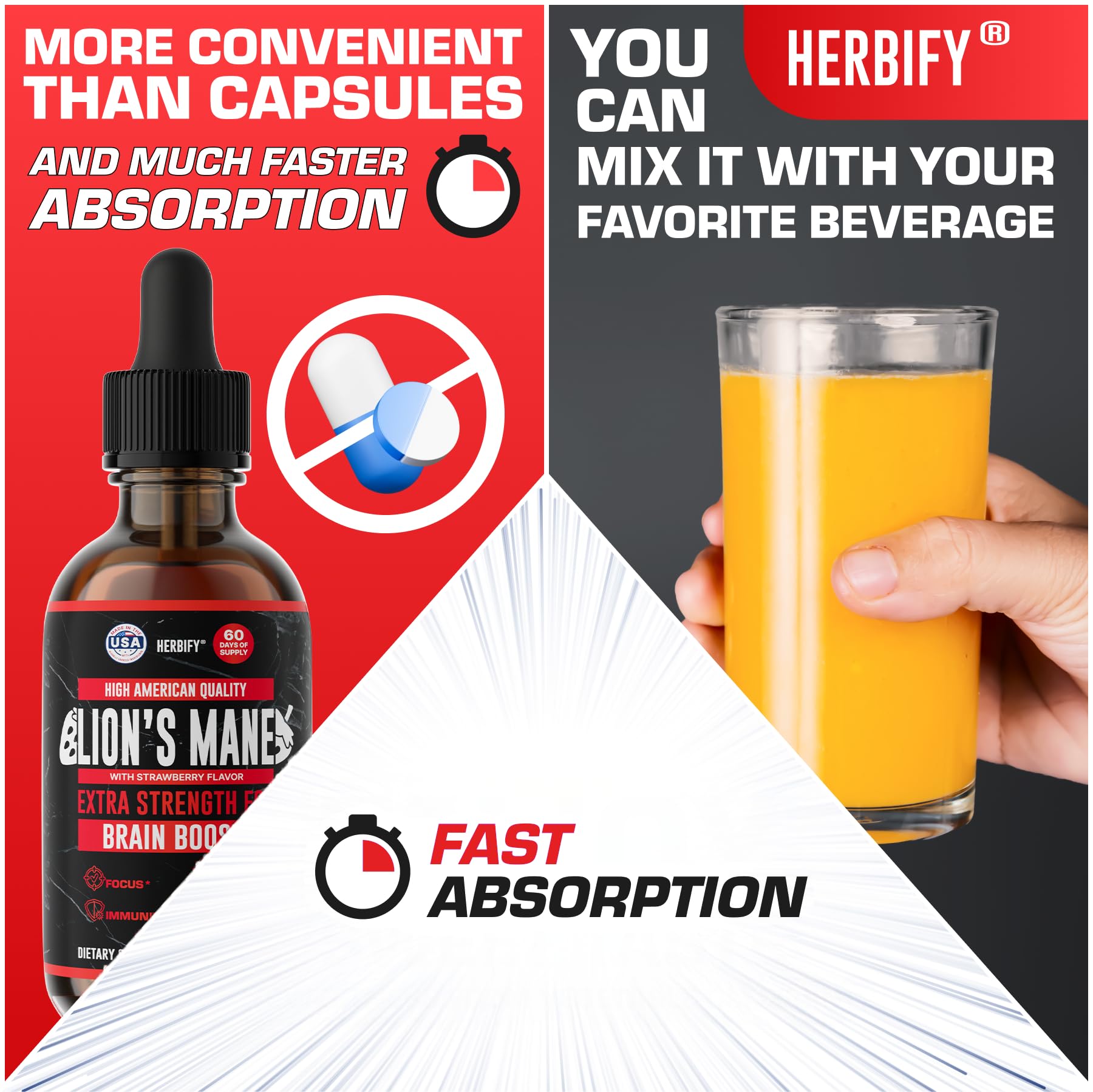HERBIFY Lion's Mane Mushroom Extract 4:1 Liquid Tincture packaging