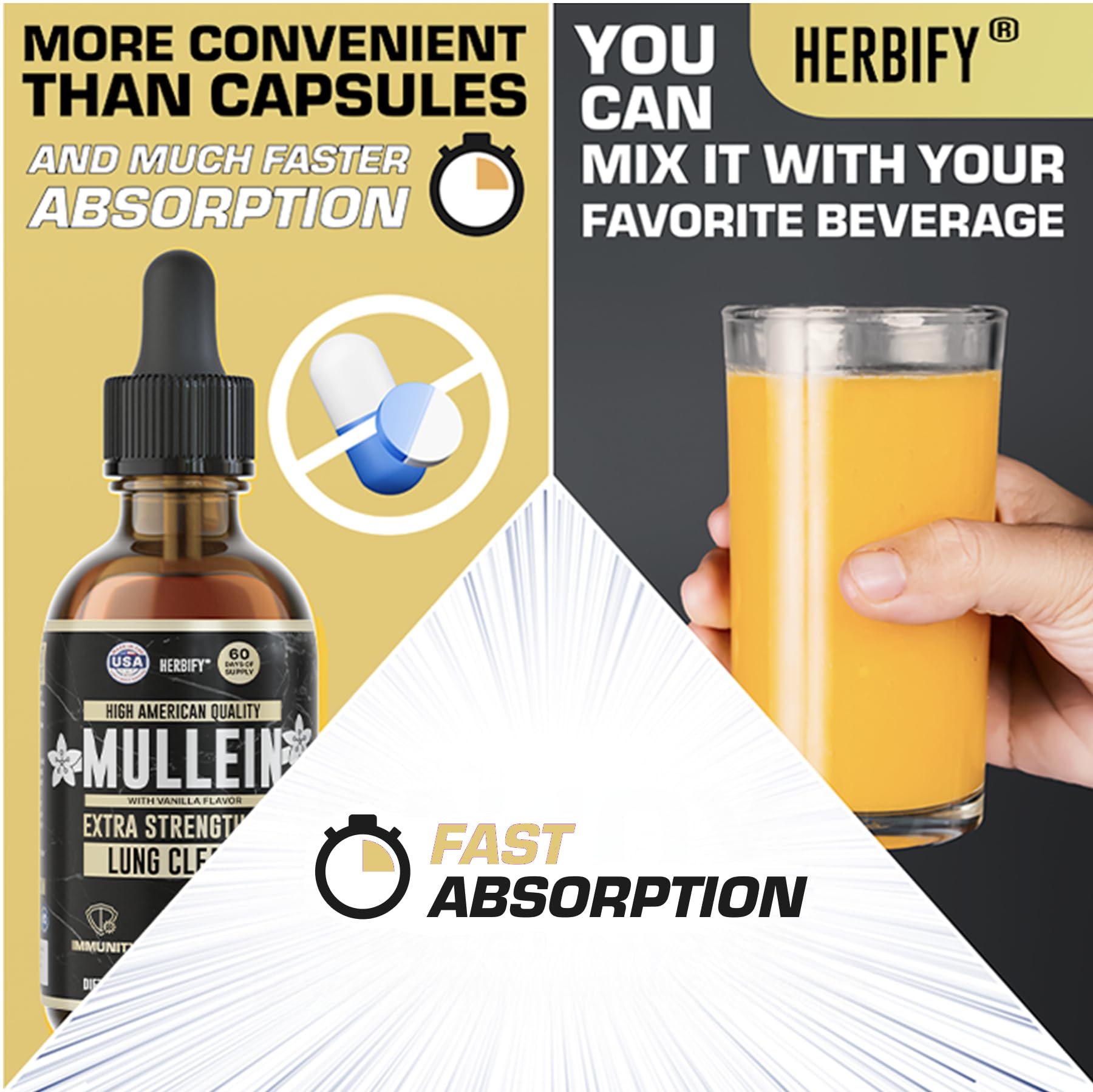 HERBIFY Mullein Leaf Extract Tincture with water glass