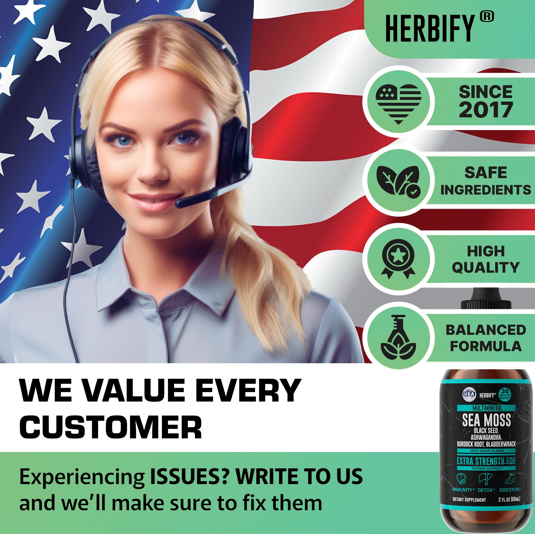 HERBIFY Sea Moss Liquid Drops 168g on wooden table