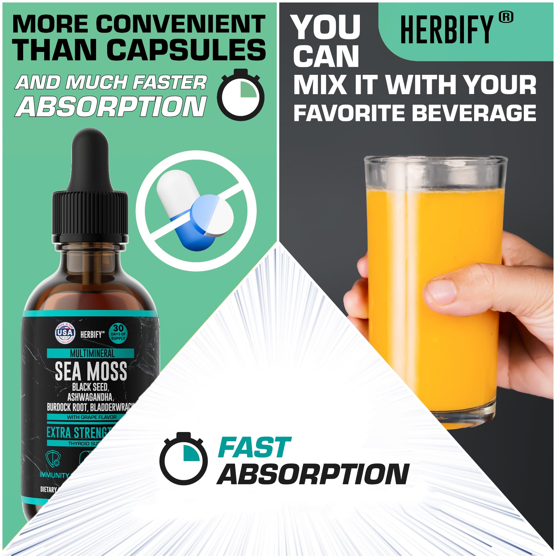 HERBIFY Sea Moss Liquid Drops 168g with glass of water