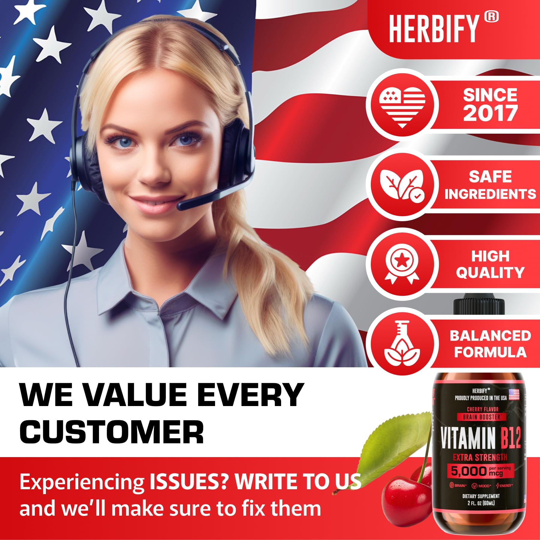 HERBIFY Vitamin B12 Liquid Drops 168g with a measuring spoon