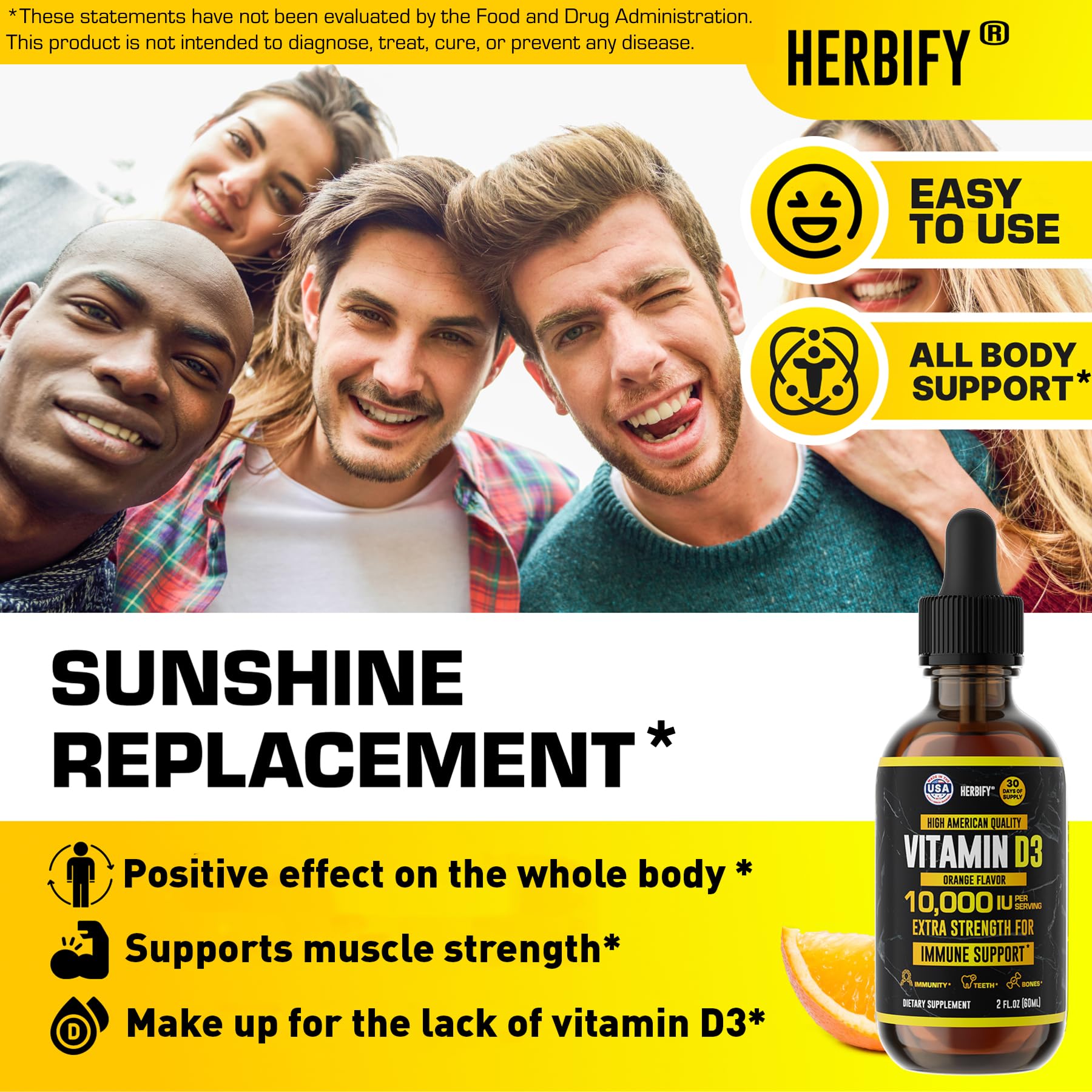HERBIFY Vitamin D3 Drops 10000 IU bottle with dropper