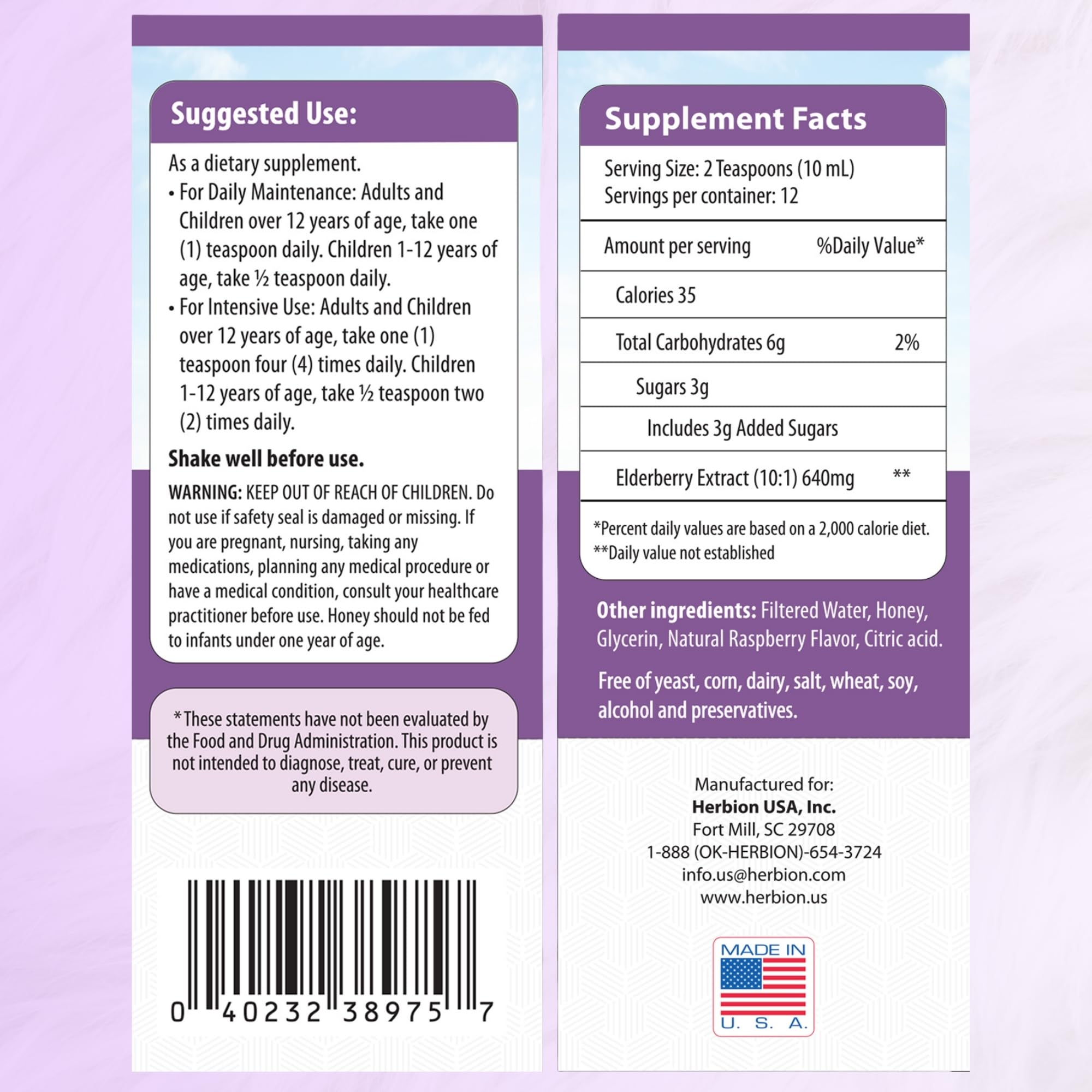 HERBION Elderberry Syrup 640mg back view showing ingredients