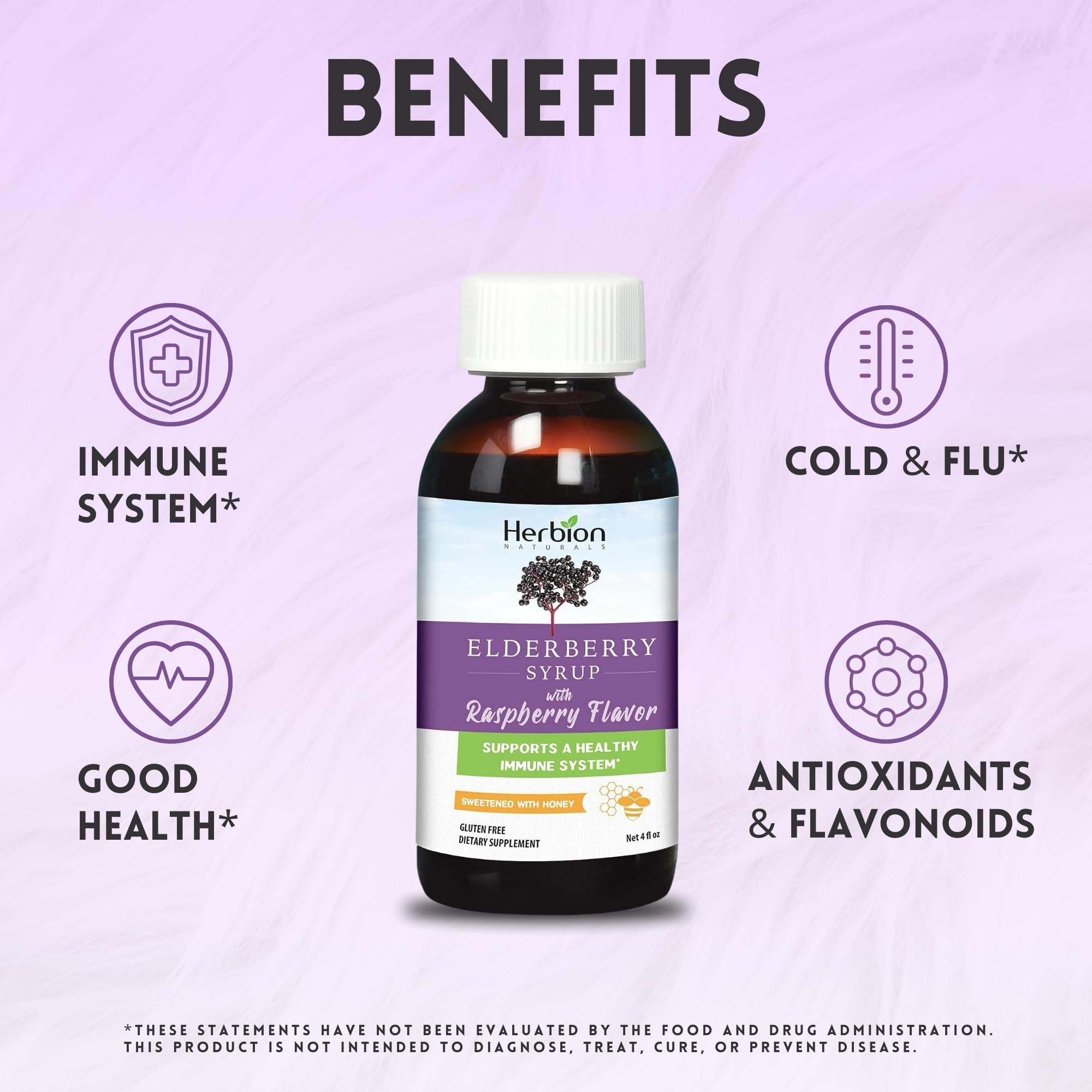 HERBION Elderberry Syrup 640mg bottle with honey and raspberries