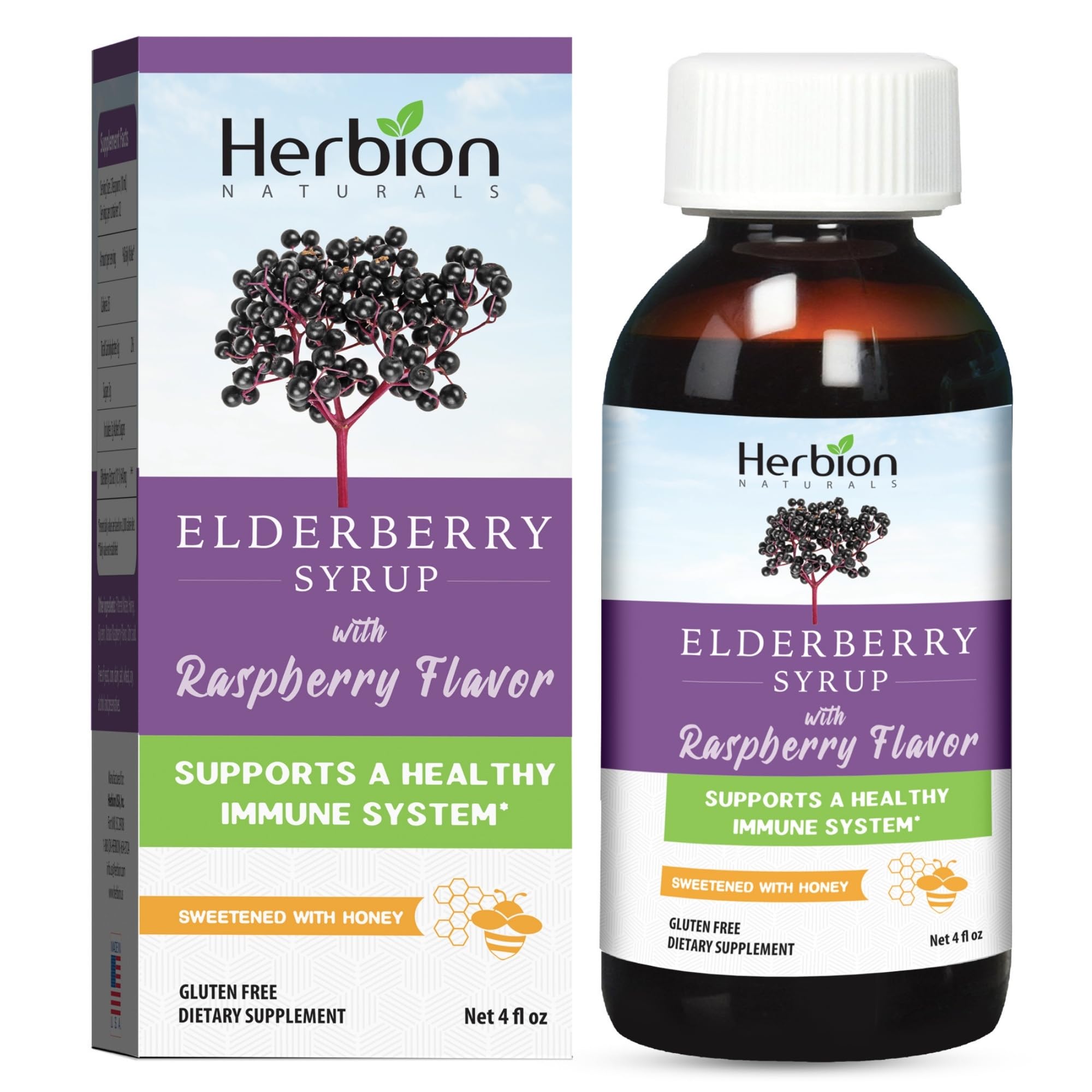 HERBION Elderberry Syrup 640mg front view with raspberry flavour
