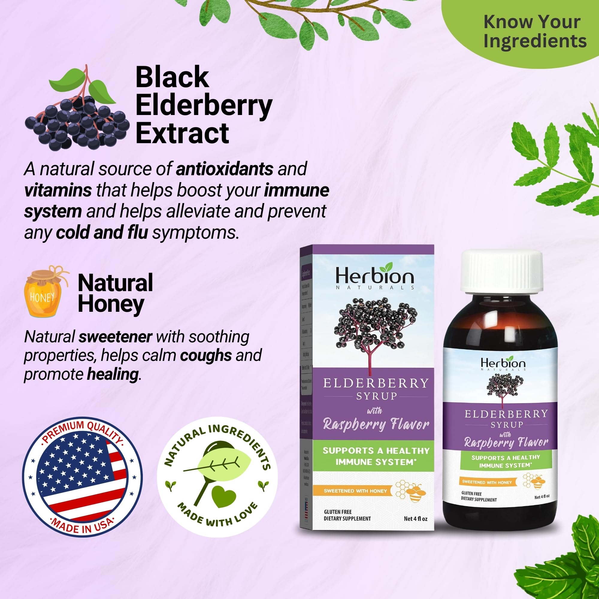 HERBION Elderberry Syrup 640mg side view with packaging