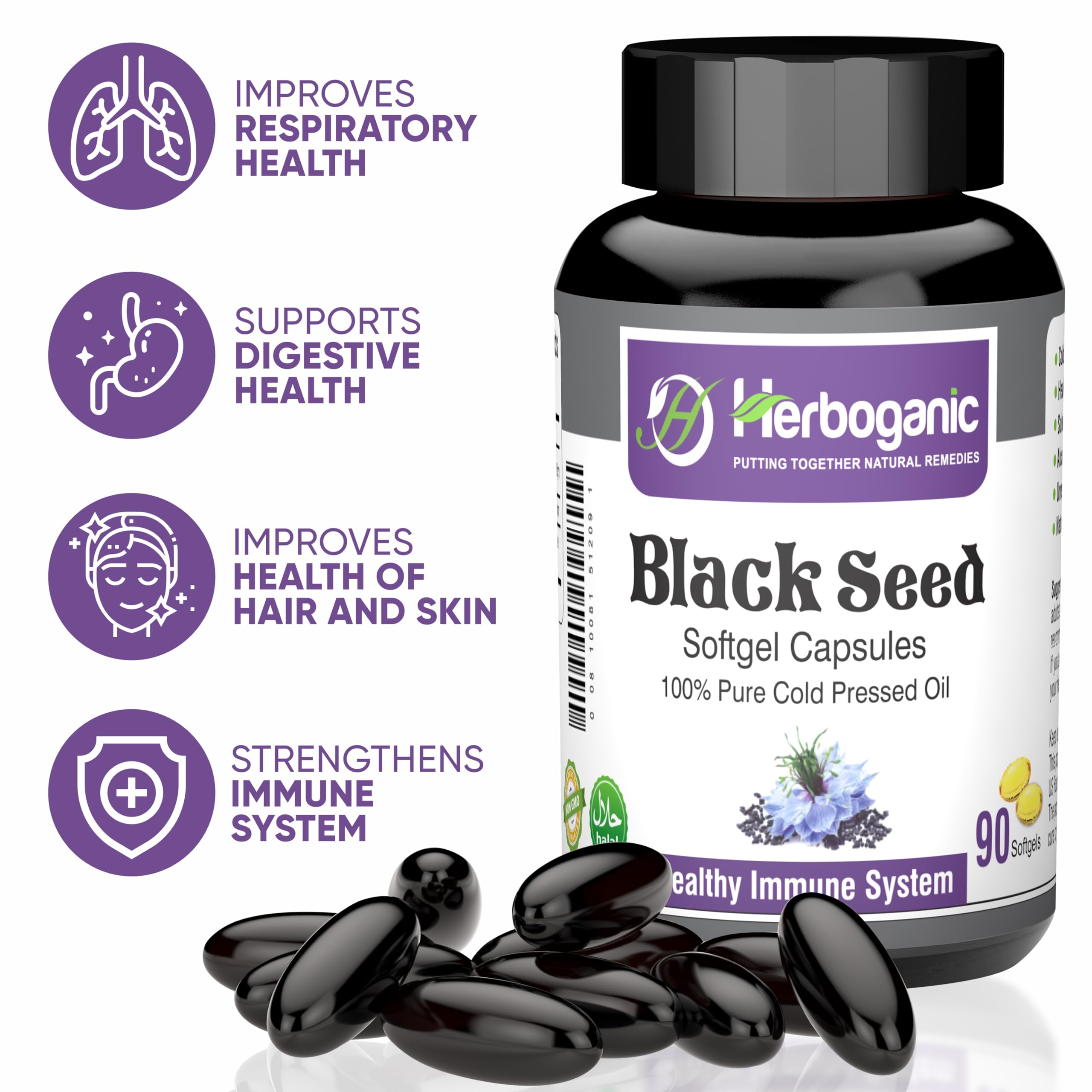 HERBOGANIC Black Seed Oil Capsules 500mg close-up of soft gels